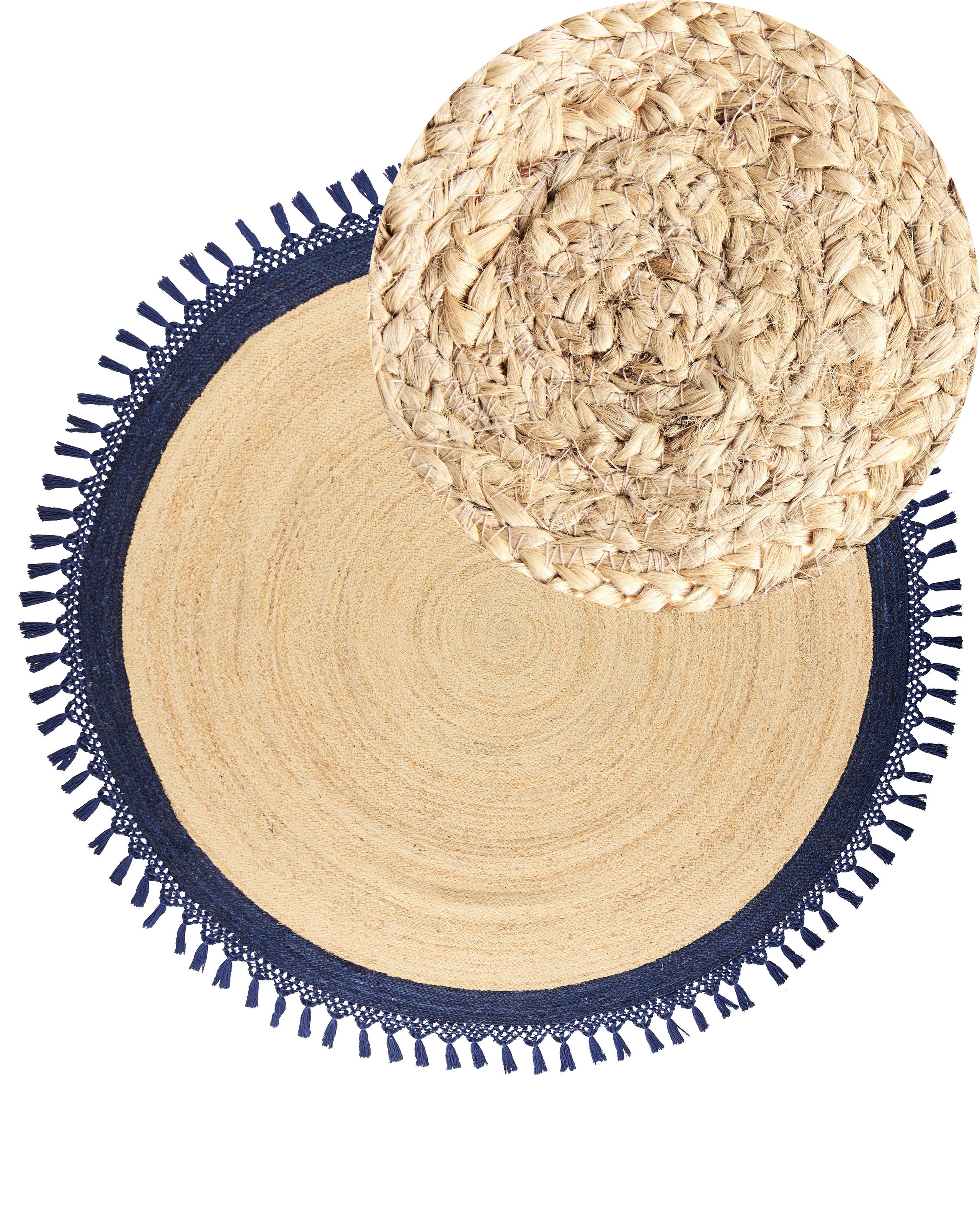 Round Jute Area Rug Diameter 200 cm Beige and Dark Blue MARTS