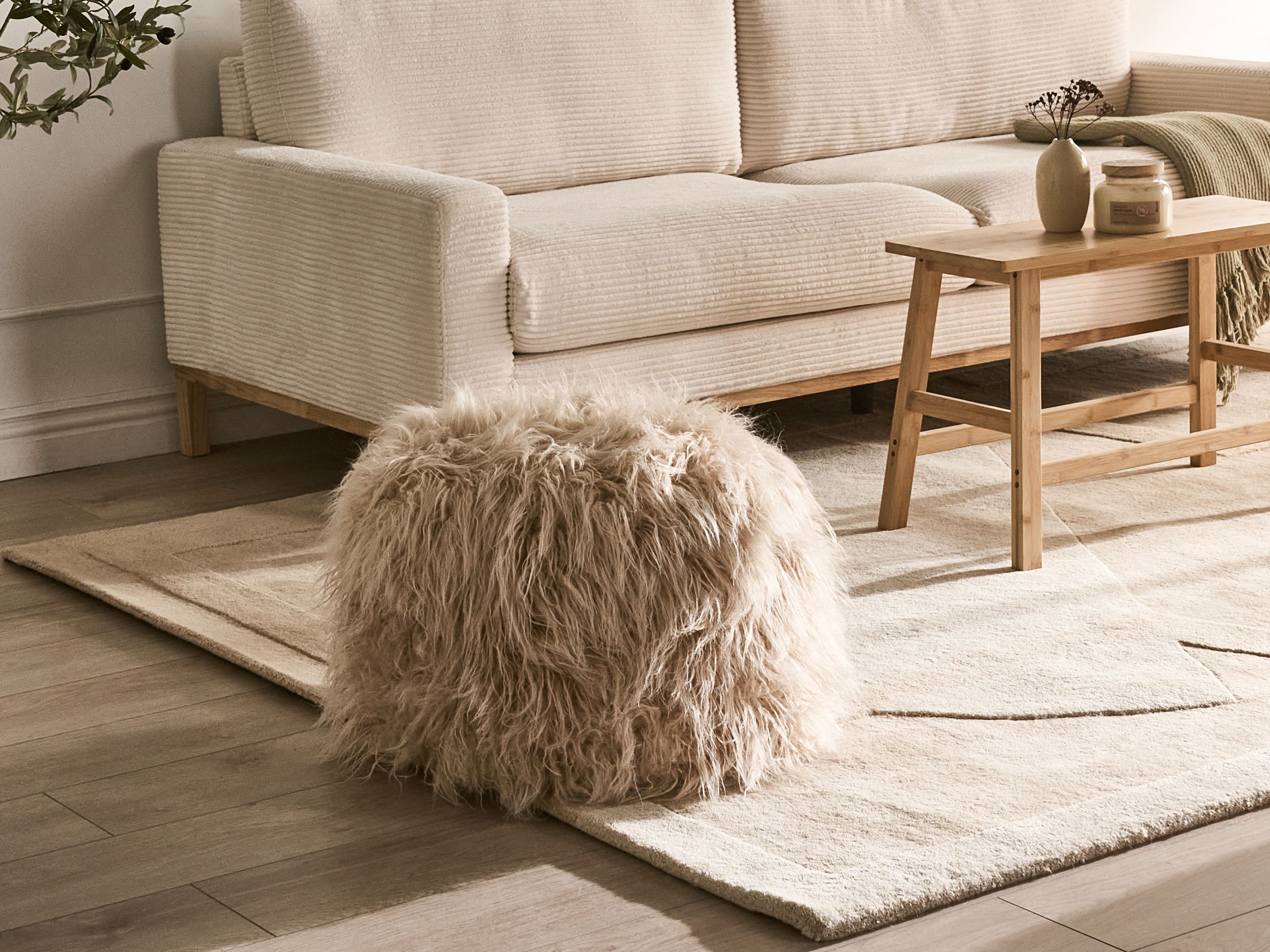 NAPARO Faux Fur Ottoman Pouffe - Beige
