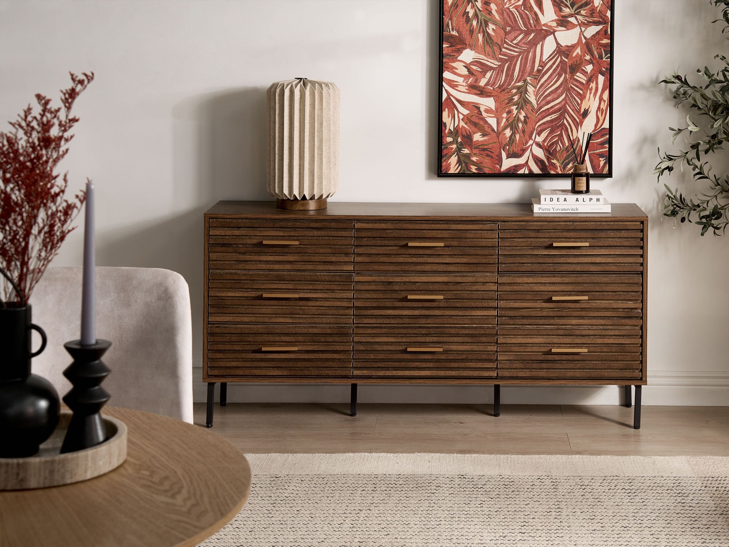 NOCTURA Oak Finish Chest of Drawers - Extra Large-sized, 9 Drawers