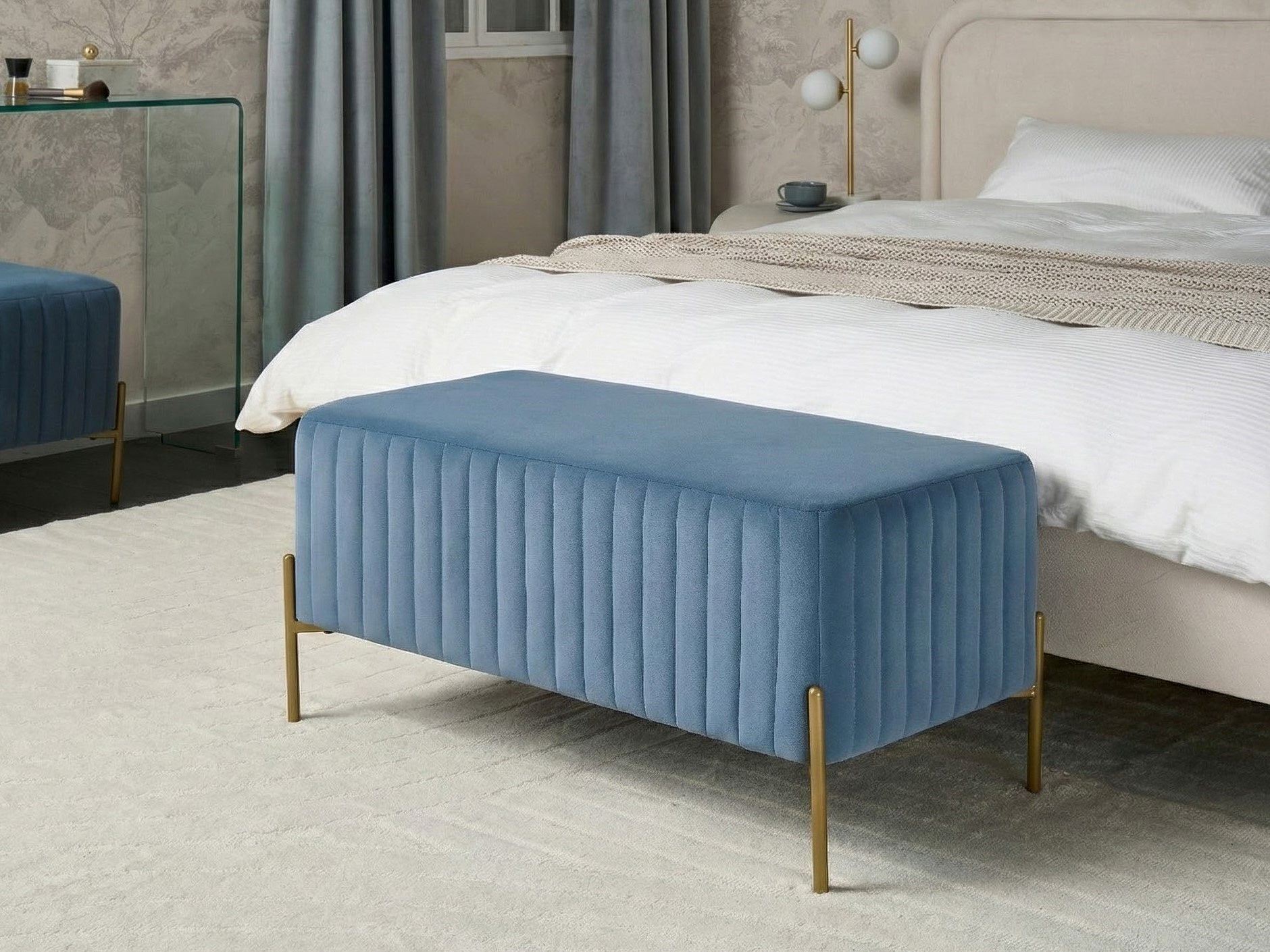 BOHIVO Velvet Ottoman Bench - Blue