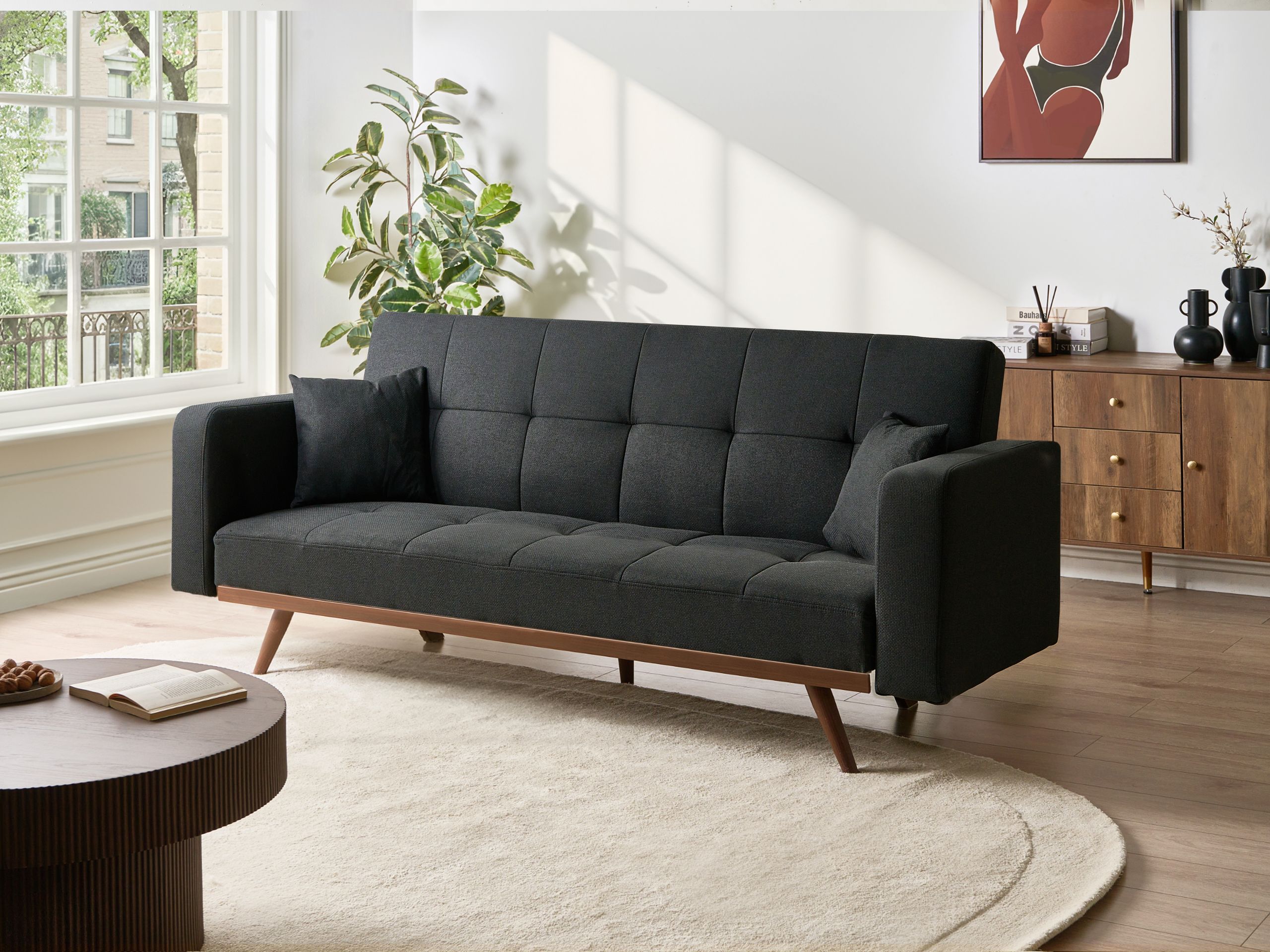 SAGEXI Fabric 3 Seater Sofa Bed - Black