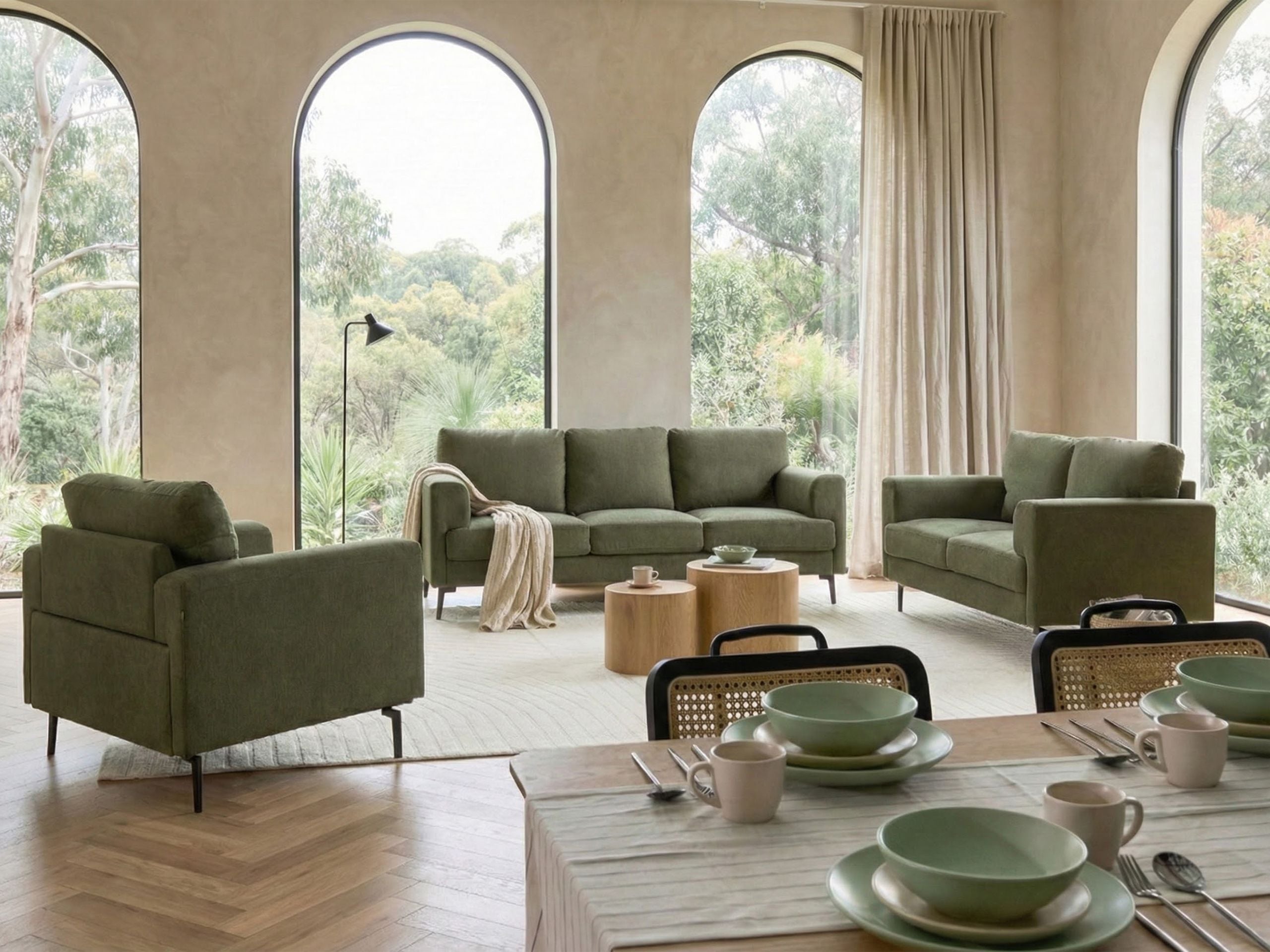 BAJARO Fabric 6 Seater Sofa Set - Green