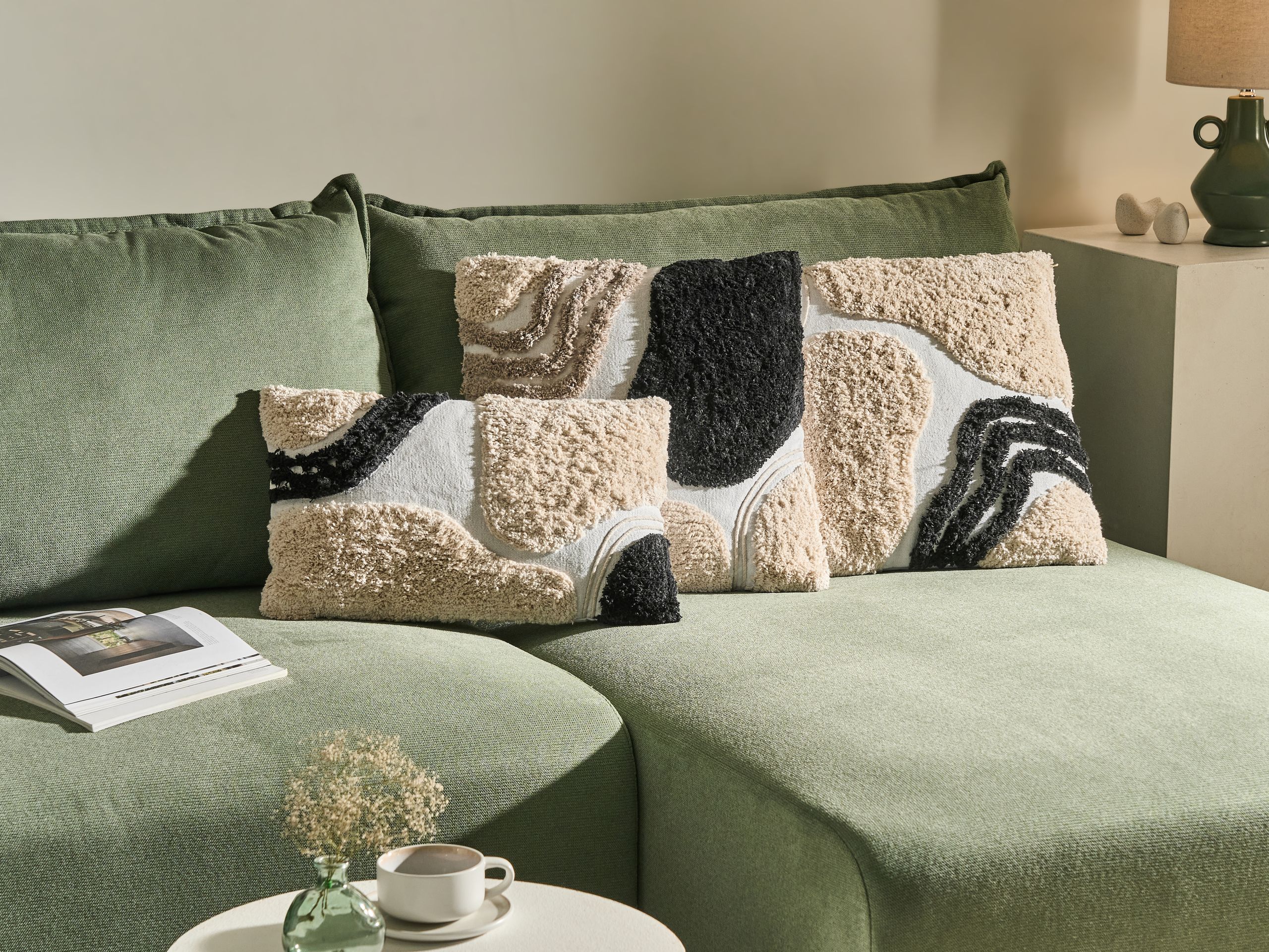 PAPARO Cotton Decorative Cushions Abstract Pattern Set of 3 - Beige and Black