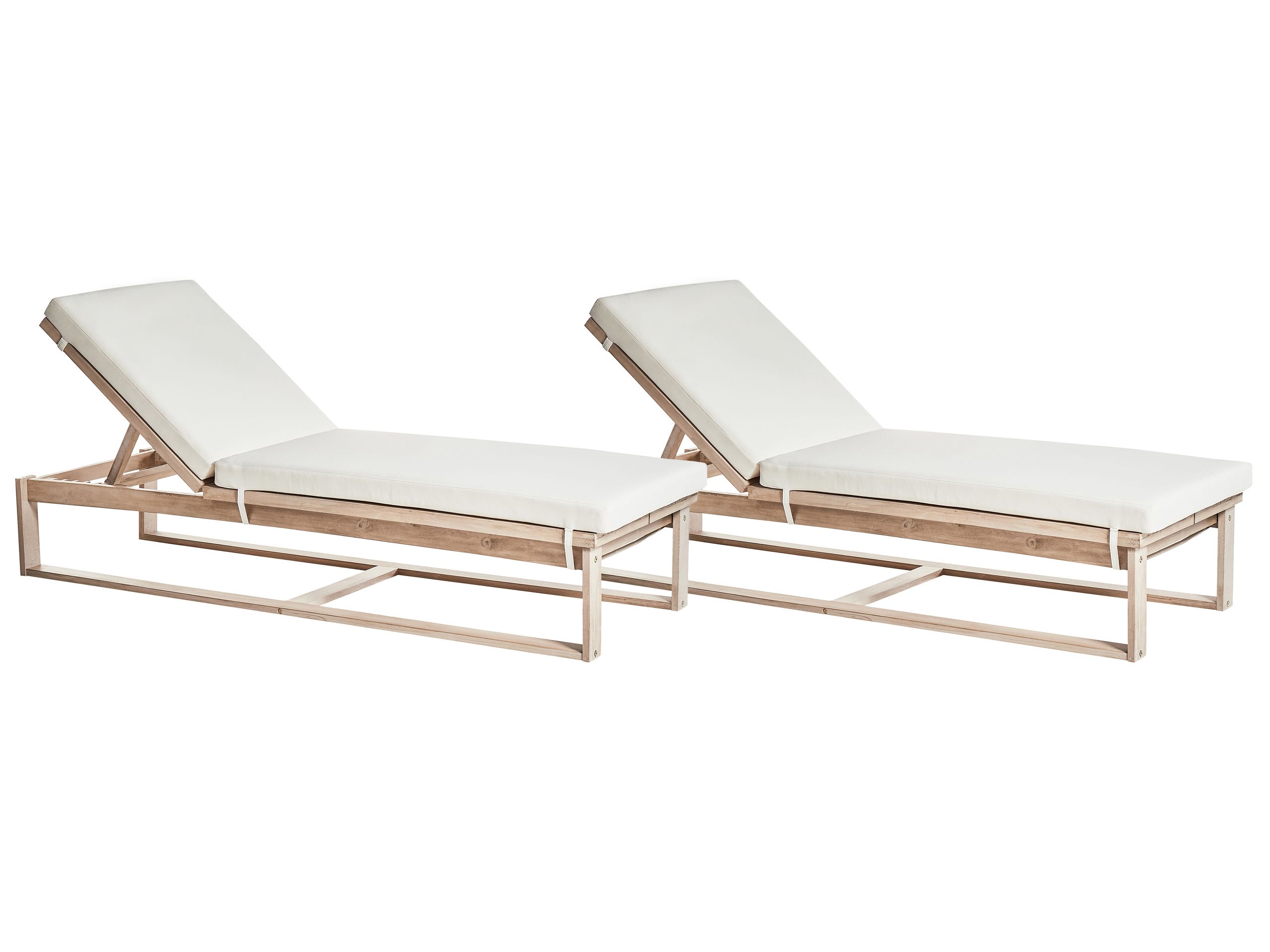 Set of 2 Acacia Wood Reclining Sun Loungers with Off-White Cushions AZZANELLO