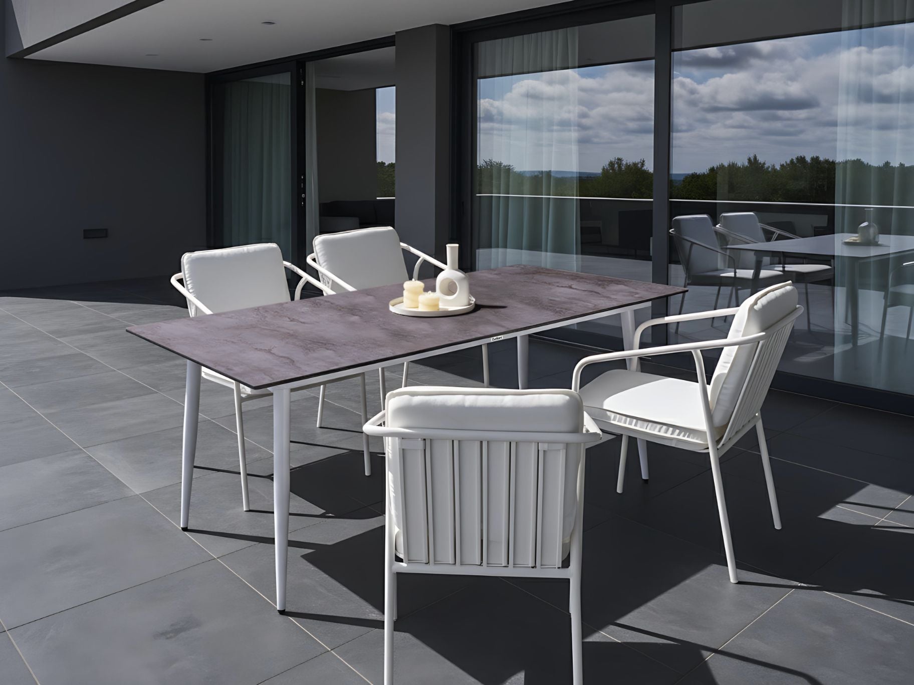 DEVERO Garden Dining Table Stone Effect - White and Grey