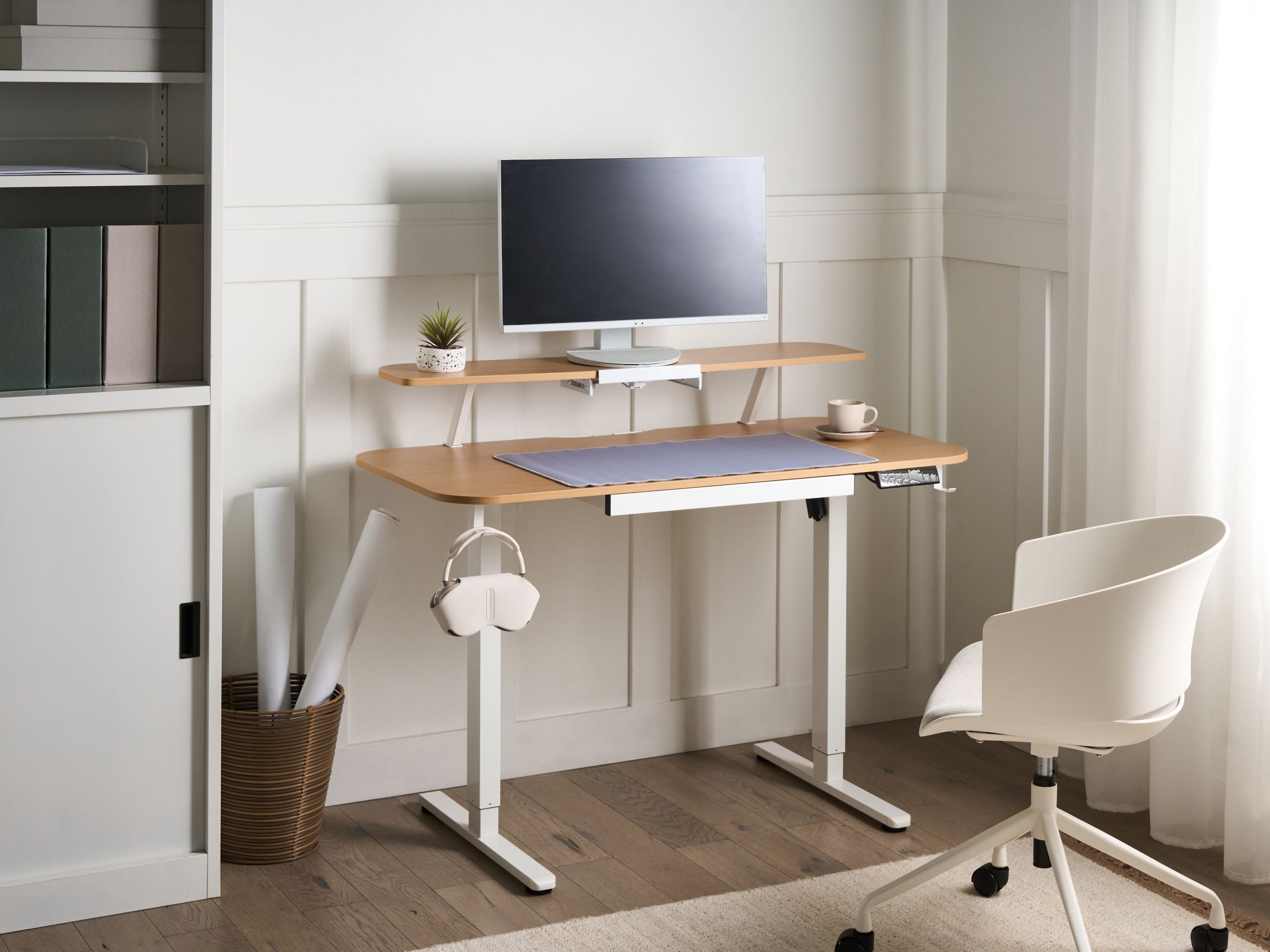 BELVARO Electric Adjustable Standing Office Desk with USB Port - Brown and White