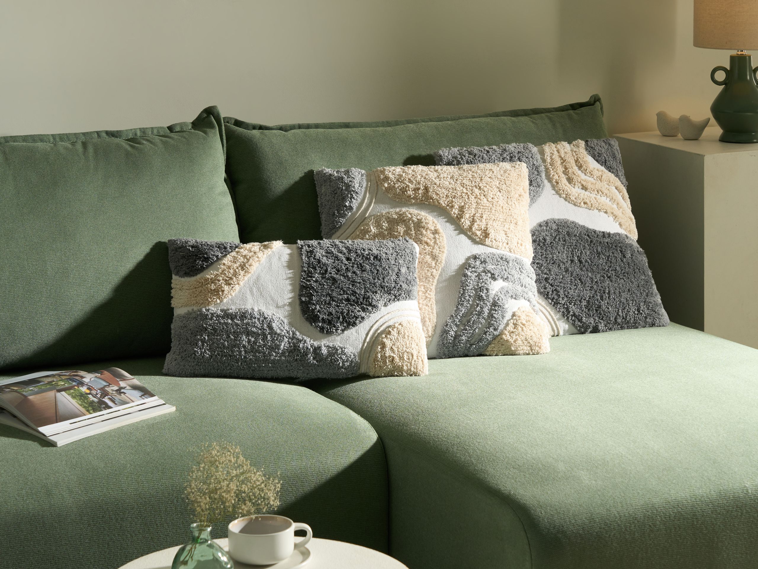 PAPARO Cotton Decorative Cushions Abstract Pattern Set of 3 - Beige and Grey