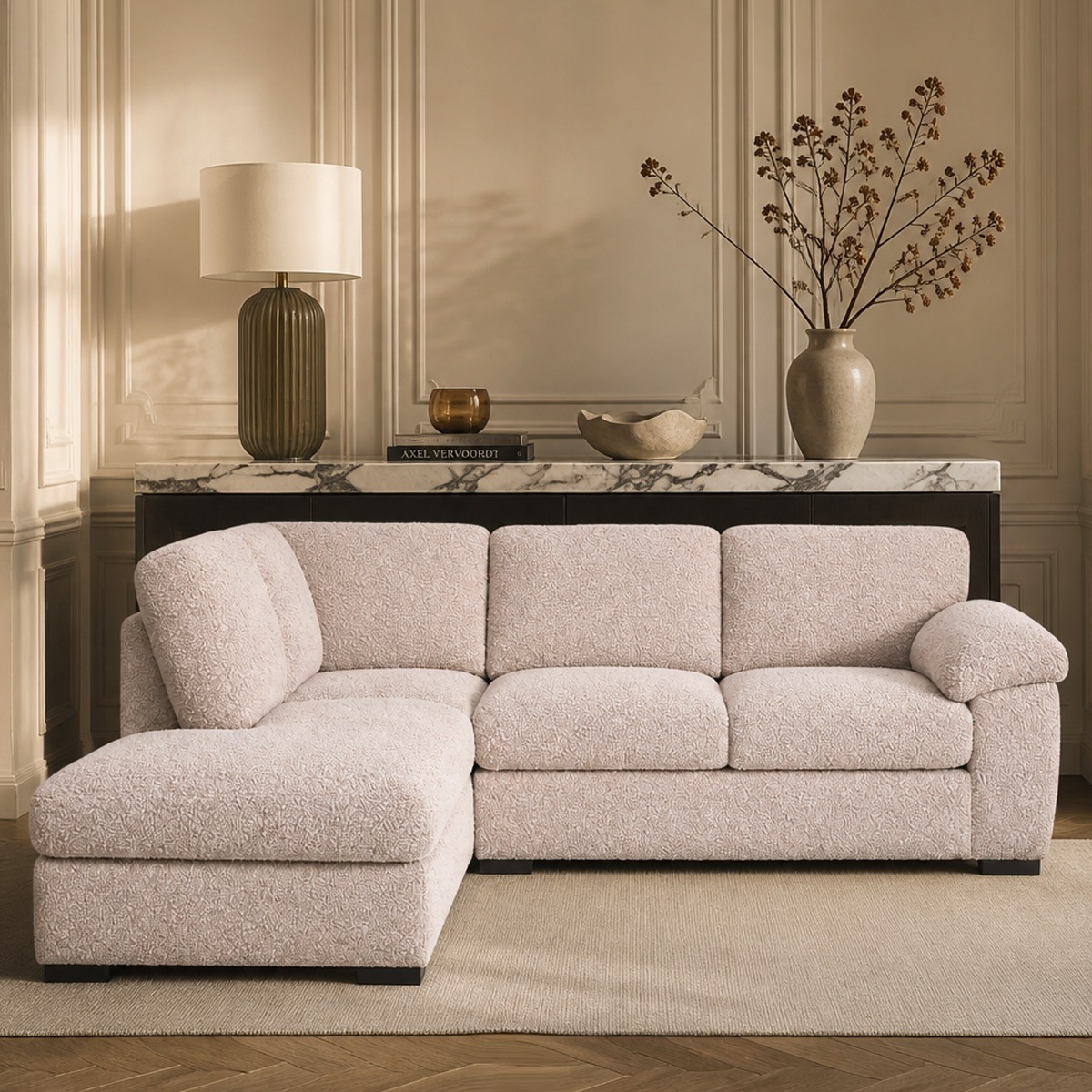 CORDURA Boucle Fabric L Shaped - Left Hand Facing Fullback Corner Sofa - Pink
