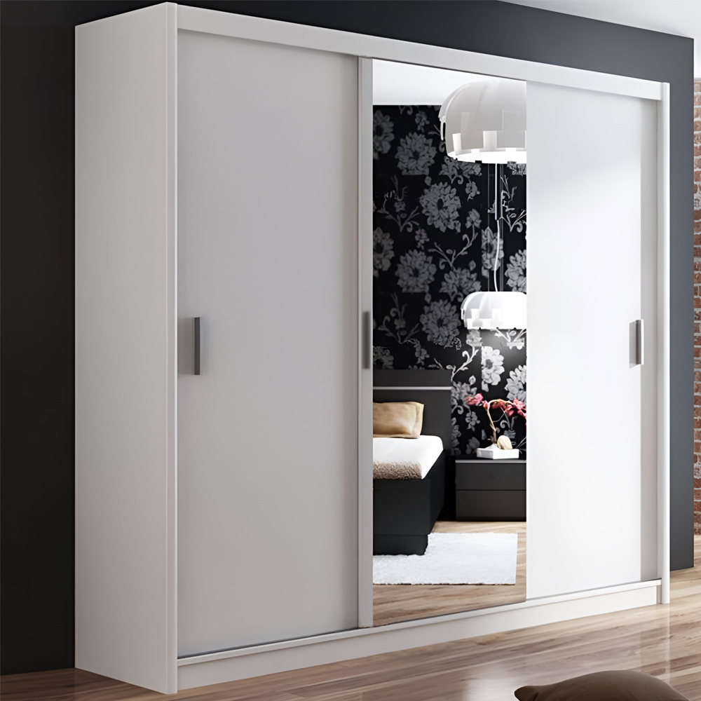 SYDNEY 3 Door Mirrored Sliding Wardrobe with 2 Drawers White - 250cm