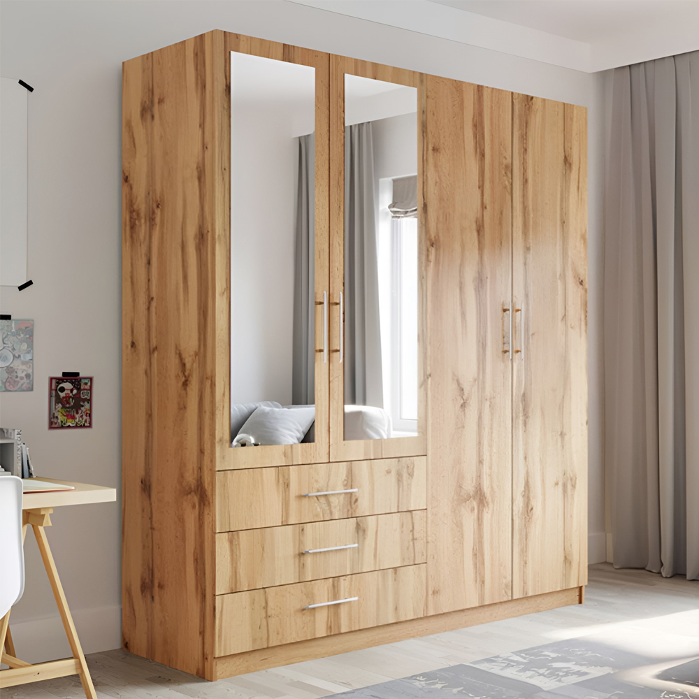 LINCOLNSHIRE 4 Door Mirrored Wardrobe with 3 Drawers Oak - 196cm