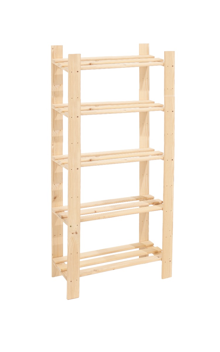 Natural Wood Narrow Slatted Display Storage Rack - 5 Tier