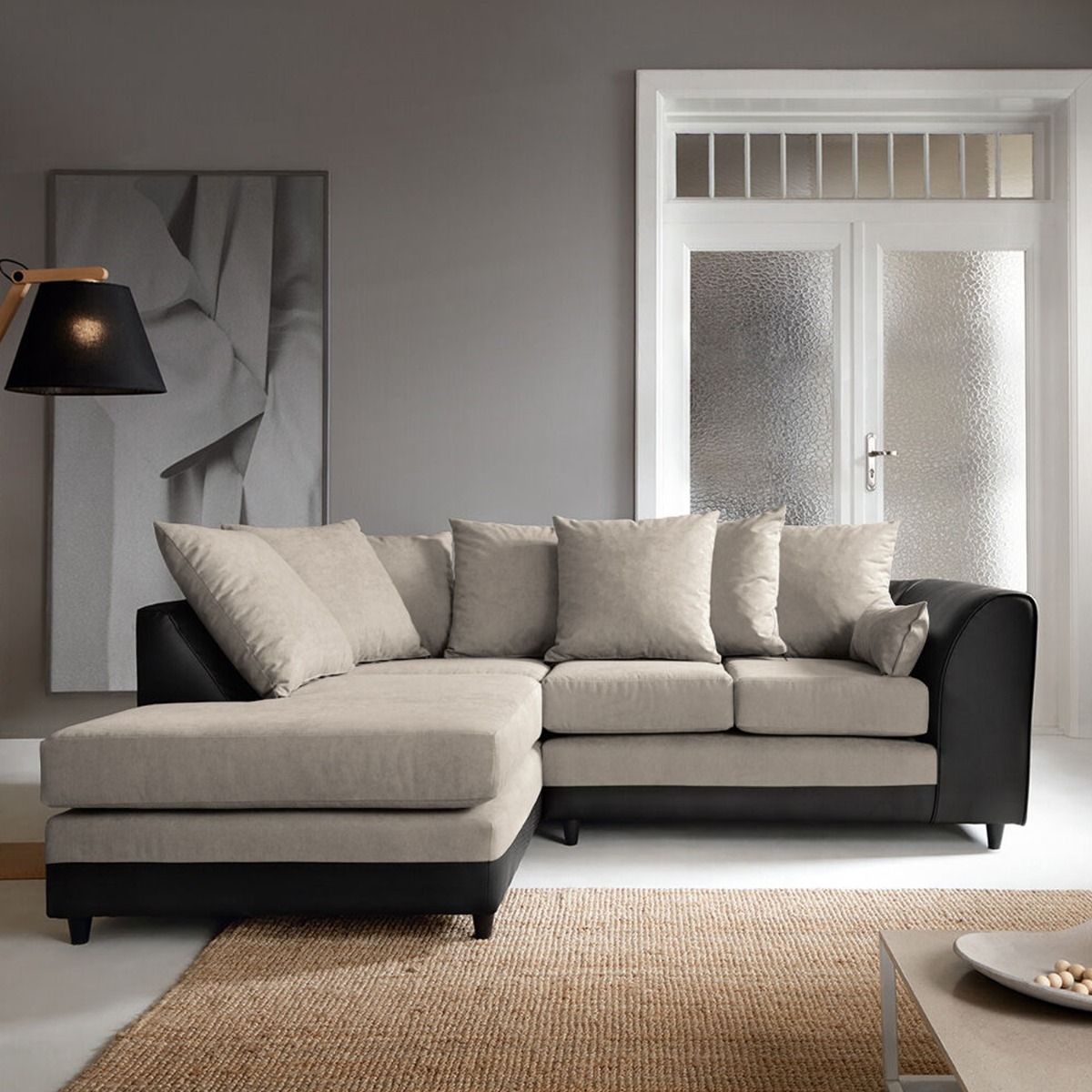 LINACRE Fabric 4 Seater L Shaped - Left Hand Facing Corner Sofa - Brown and Black