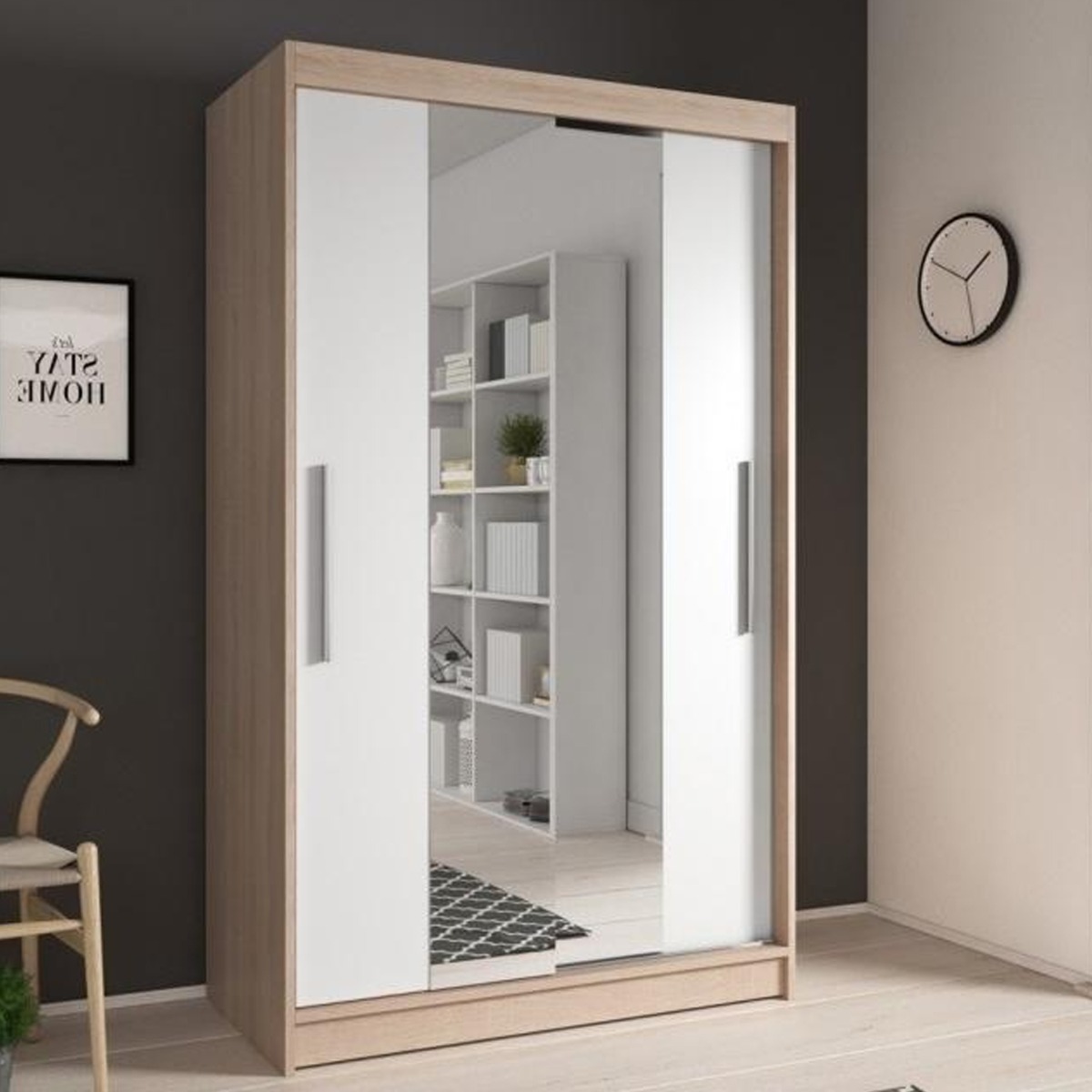 NISSAN 2 Door Mirrored Sliding Wardrobe Light Oak and White - 120cm