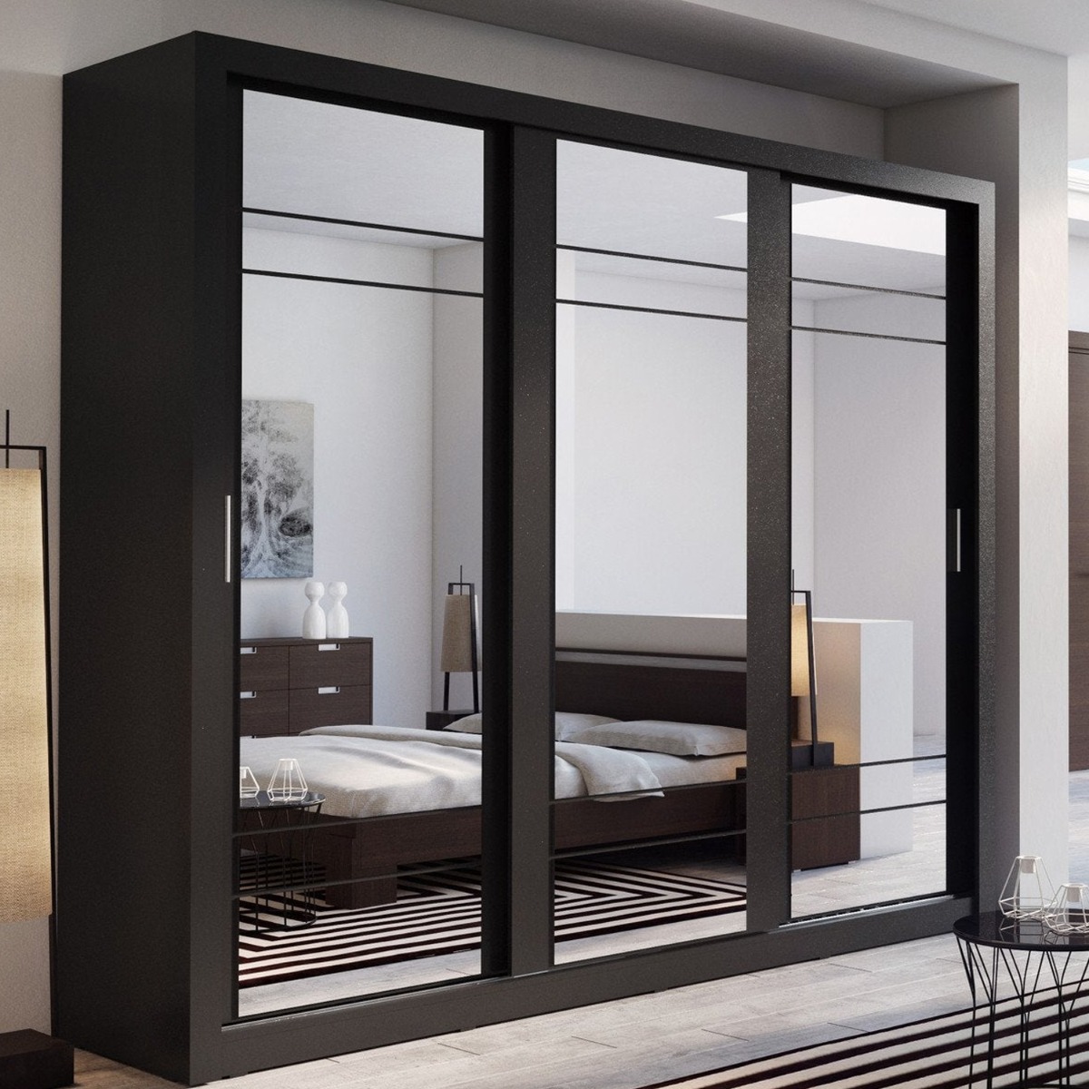 IRVINE II 3 Door Mirrored Sliding Wardrobe Black Matt - 250cm