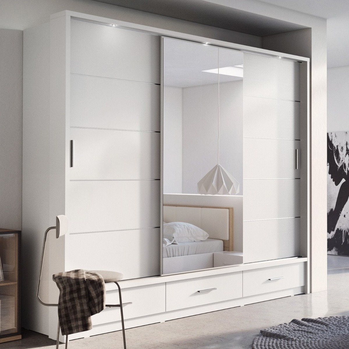 IRVINE II 3 Door Mirrored Sliding Wardrobe with 3 Drawers White Matt - 250cm