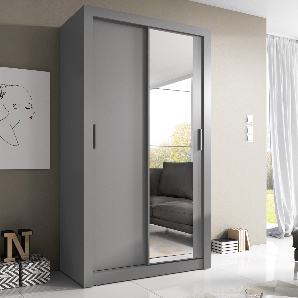 IRVINE 2 Door Mirrored Sliding Wardrobe Grey Matt - 120cm