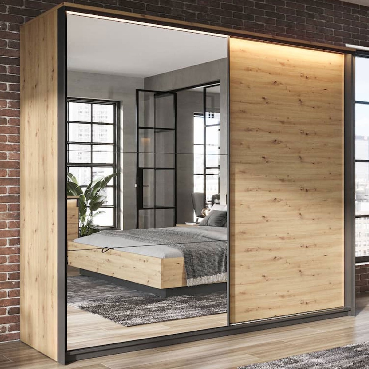 QUINTON 2 Door Mirrored Sliding Wardrobe Oak - 220cm