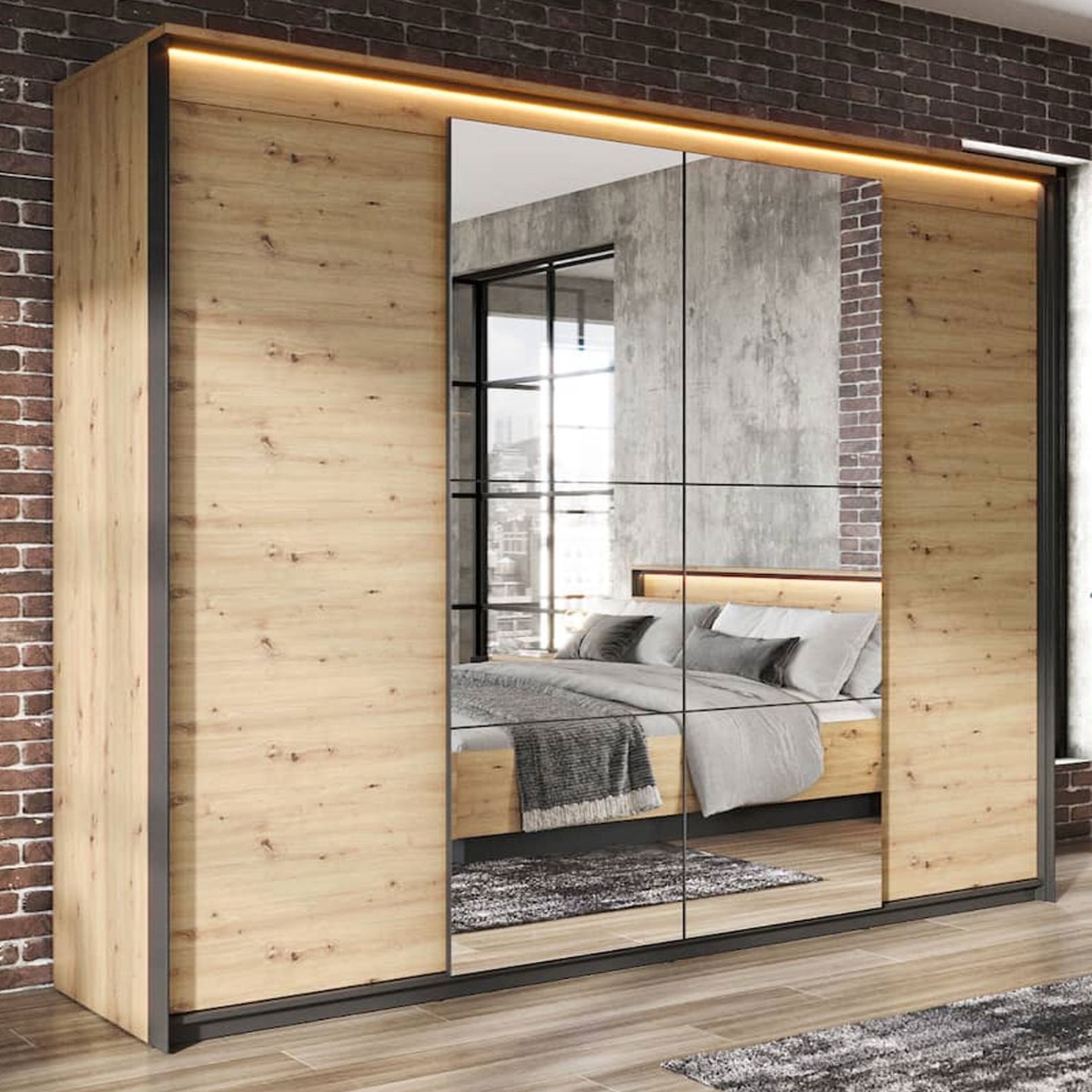 QUINTON 4 Door Wardrobe Medium Oak and Black Matt - 250cm