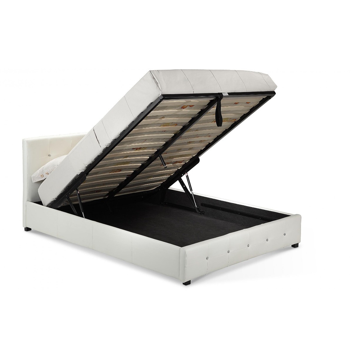 Quincy White Leather Effect Ottoman Storage Bed Frame Gas Lifted - Stylish Comfort with Crystal Detail - King Size