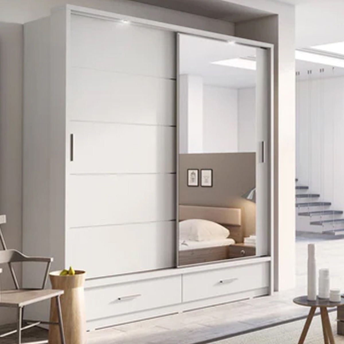 IRVINE 2 Door Mirrored Sliding Wardrobe with 2 Drawer White Matt - 200cm