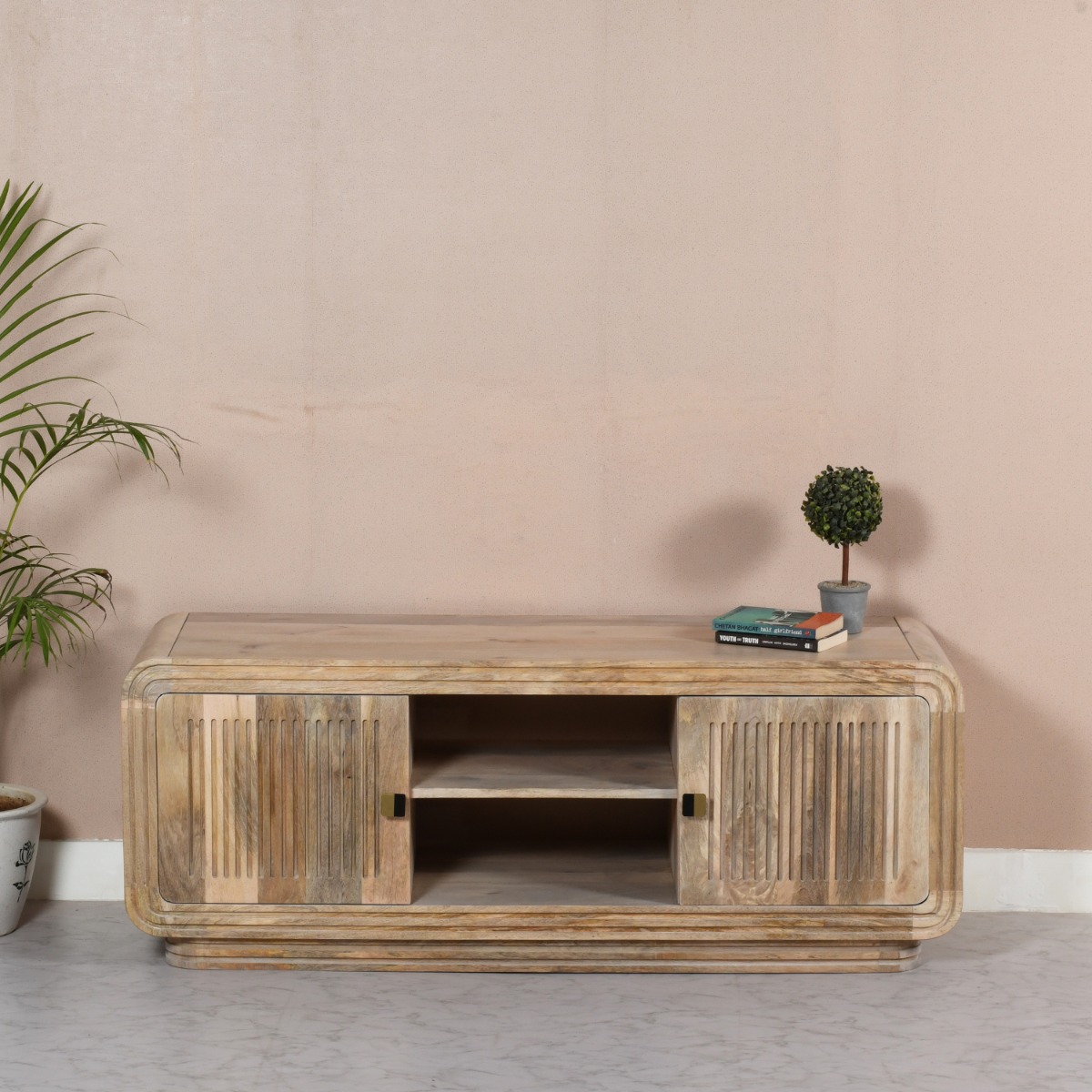 Denise Carved Mango Wood 2 Doors TV Cabinet - Natural Wood