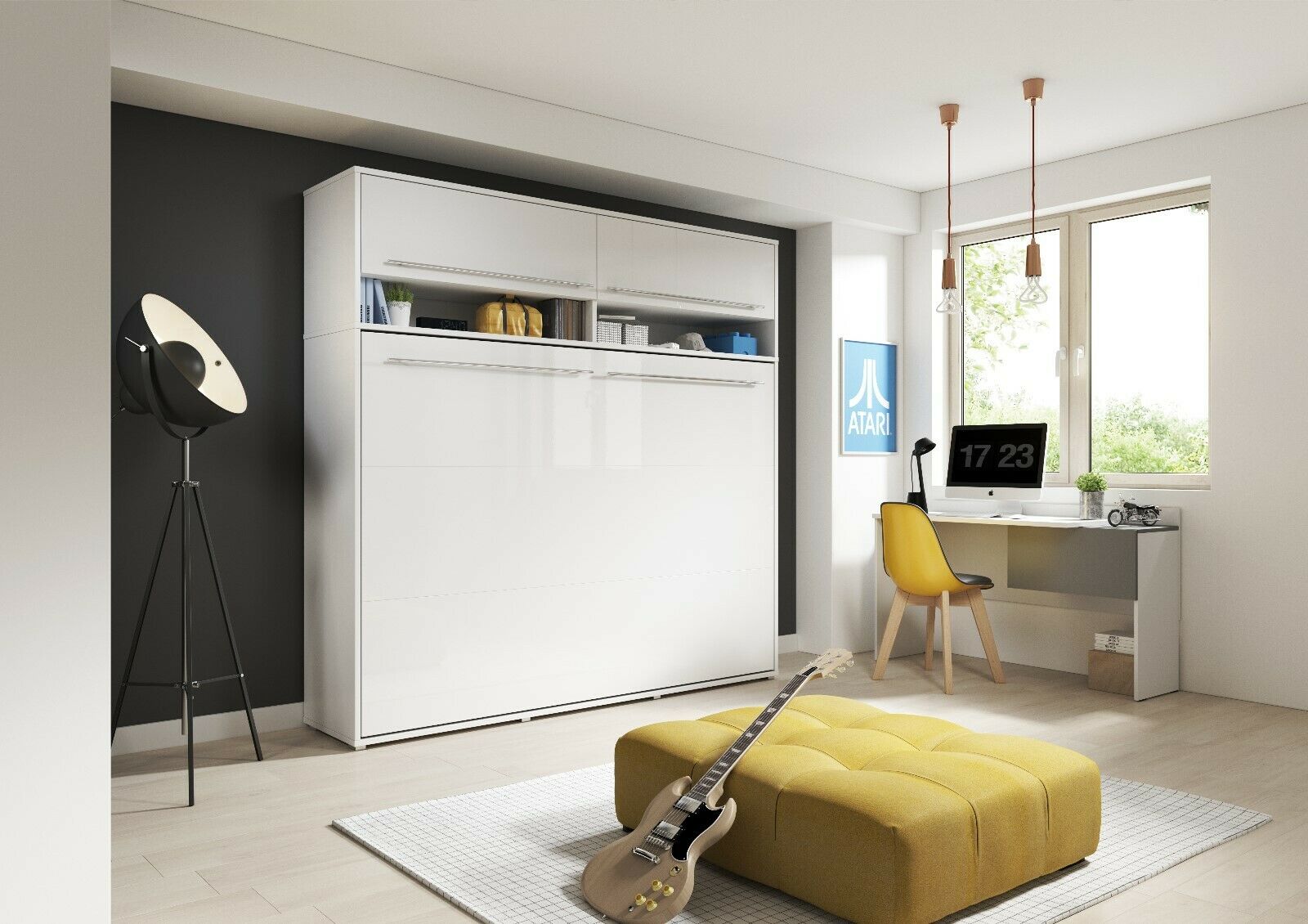 ArtNest Horizontal Wall Bed 140cm with Over Bed Unit - White Gloss