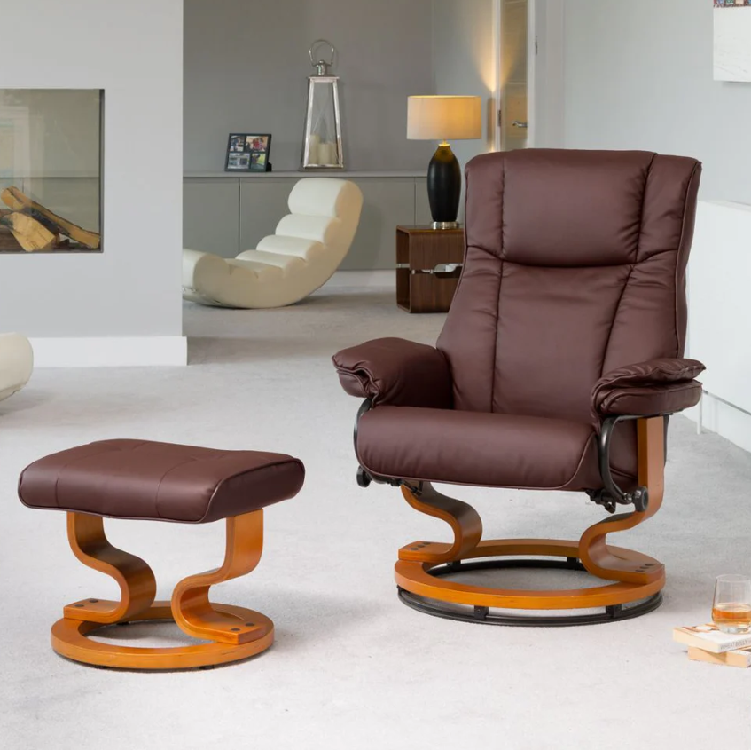 Armchair - MOBELUX Leather Swivel Recliner Chair with Stool Heated Massage - Burgundy