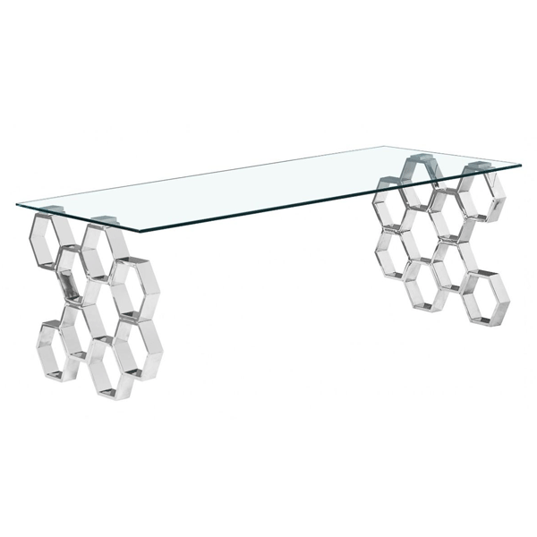 Calistoga Rectangular Stylish Silver Frame Coffee Table in Clear Glass Top