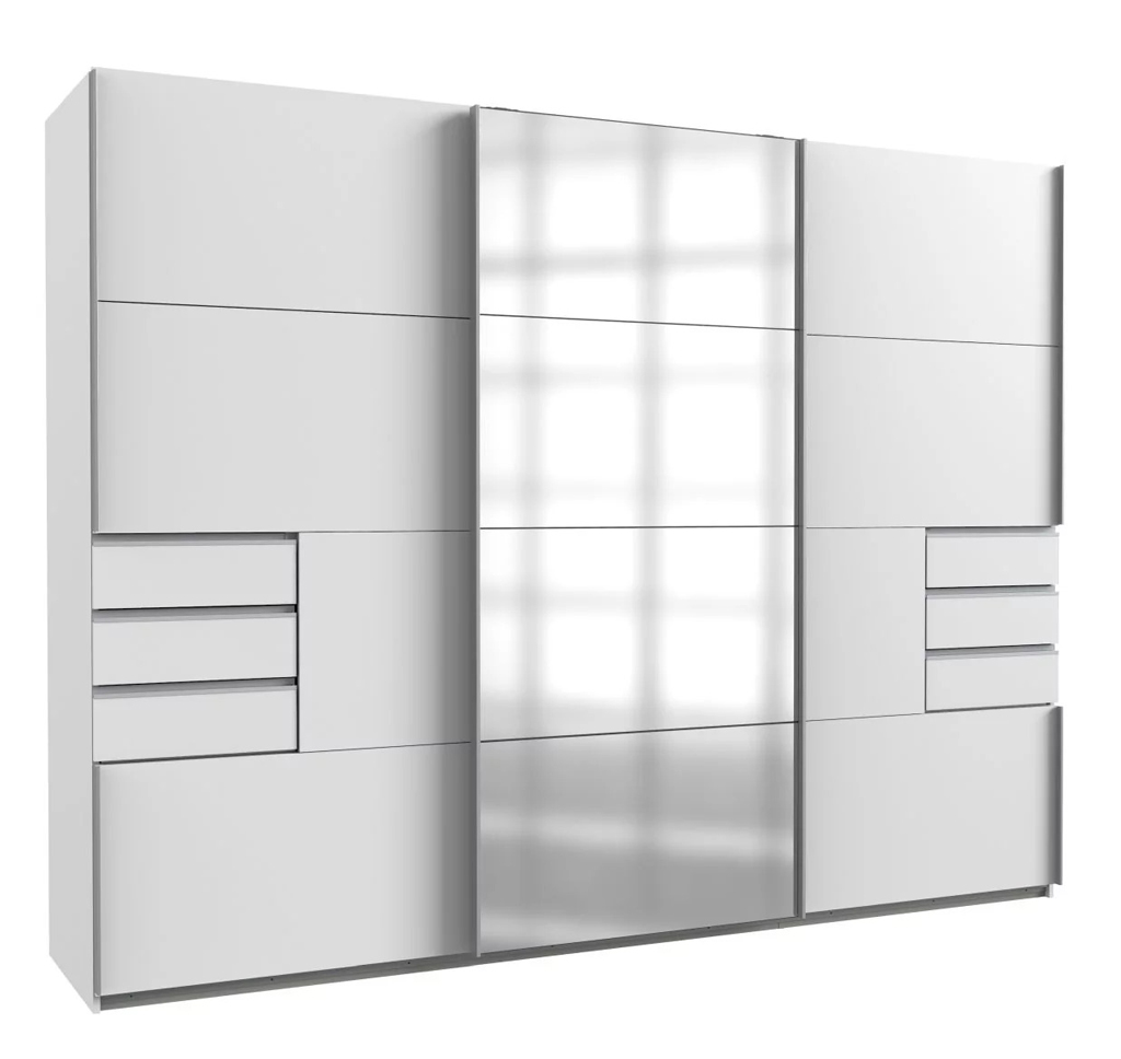 SOGO 3 Door Mirrored Sliding Wardrobe with 6 Drawers White - 270cm