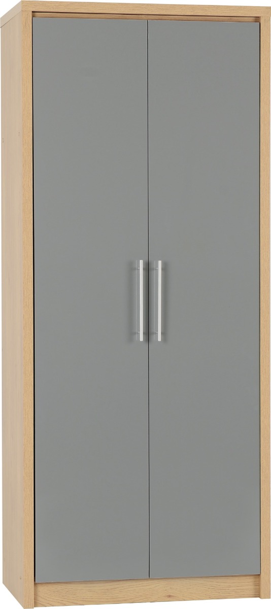 SELSEY 2 Door Wardrobe Grey High Gloss with Light Oak - 76cm