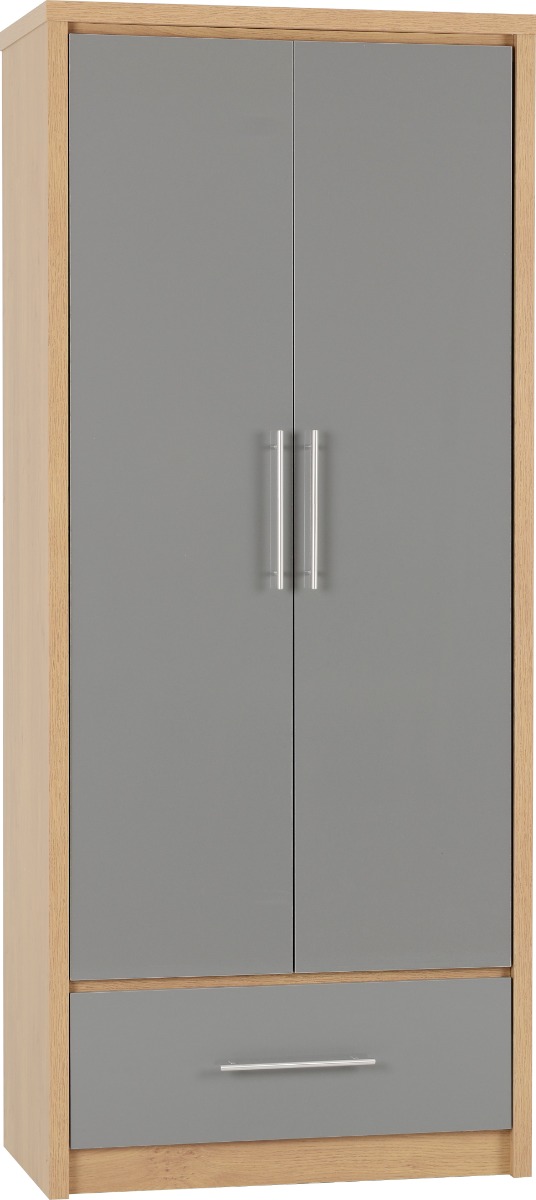 SELSEY 2 Door Wardrobe with 1 Drawer Grey High Gloss with Light Oak - 76cm