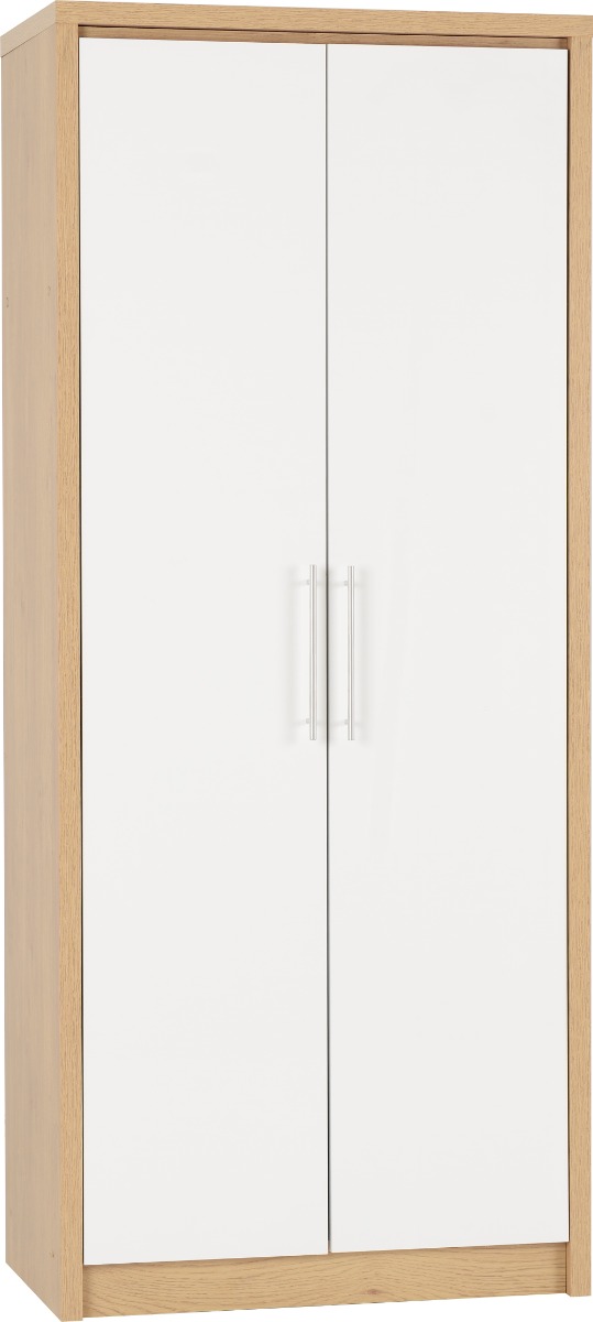 SELSEY 2 Door Wardrobe White High Gloss with Light Oak - 76cm
