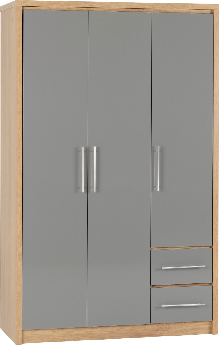 SELSEY 3 Door Wardrobe with 2 Drawers Grey High Gloss with Light Oak - 111cm