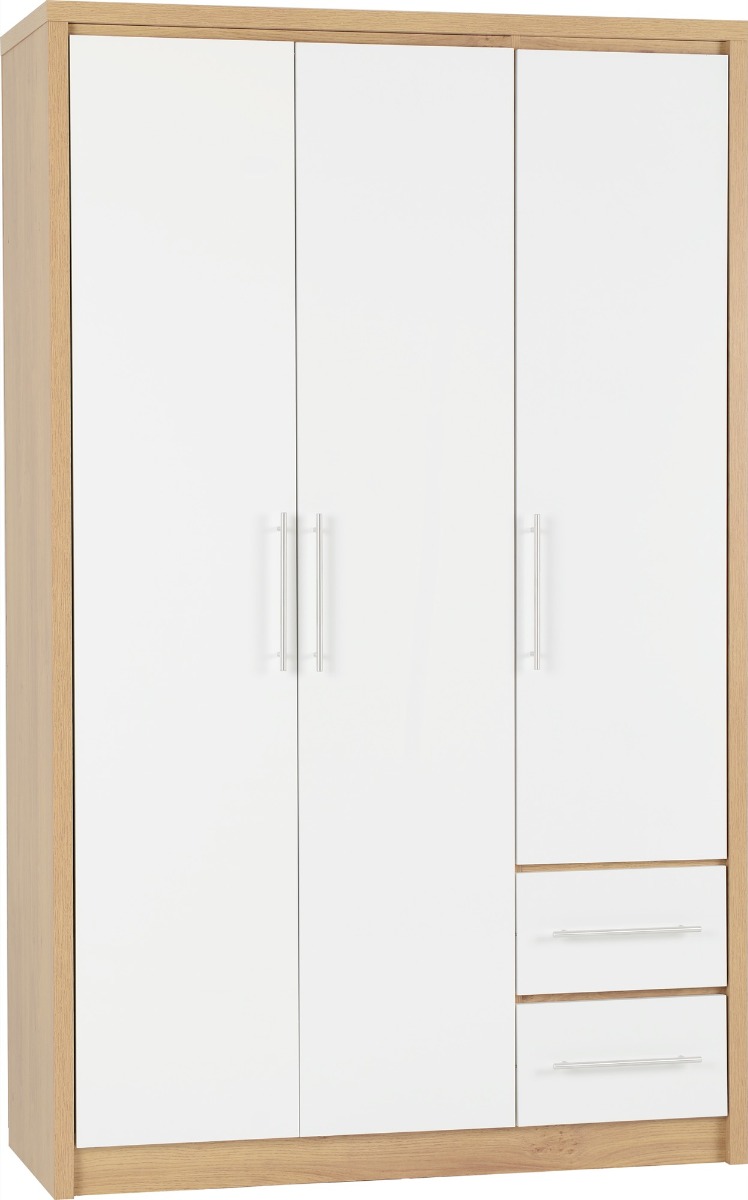 SELSEY 3 Door Wardrobe with 2 Drawers White High Gloss with Light Oak - 111cm