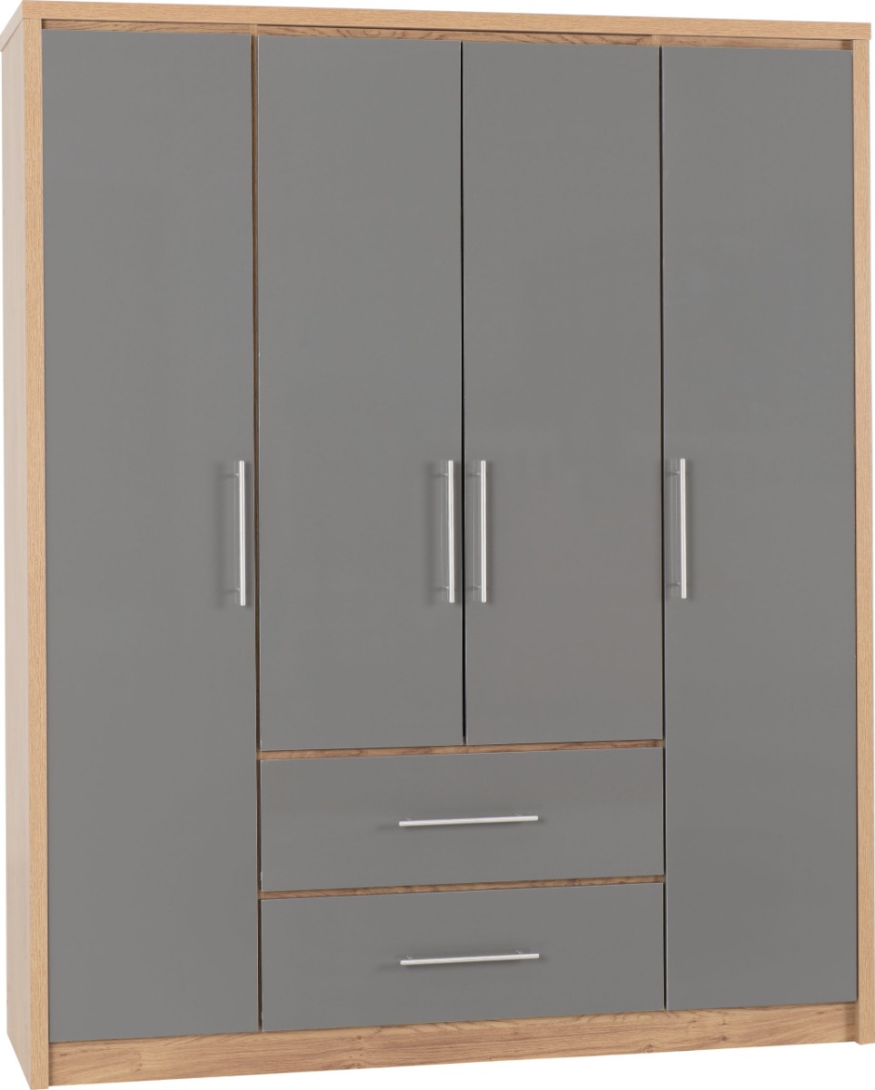 SELSEY 4 Door Wardrobe with 2 Drawers Grey High Gloss with Light Oak - 148.5cm