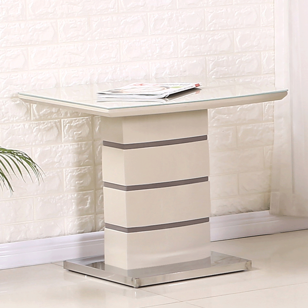 Birkenhead High Gloss Side Lamp Table with Stainless Steel Base in Glass Top Elegance in Cappuccino and Champagne