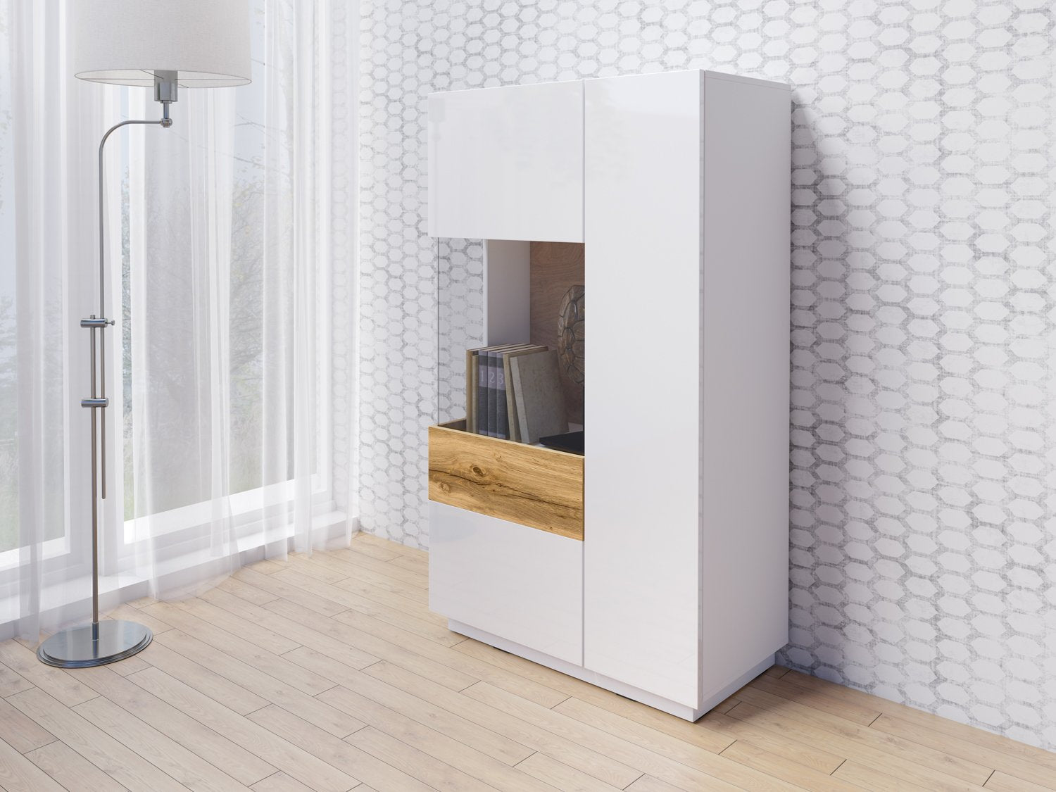 Salamandar 42 Display Cabinet Left Side Wotan Oak - White Gloss