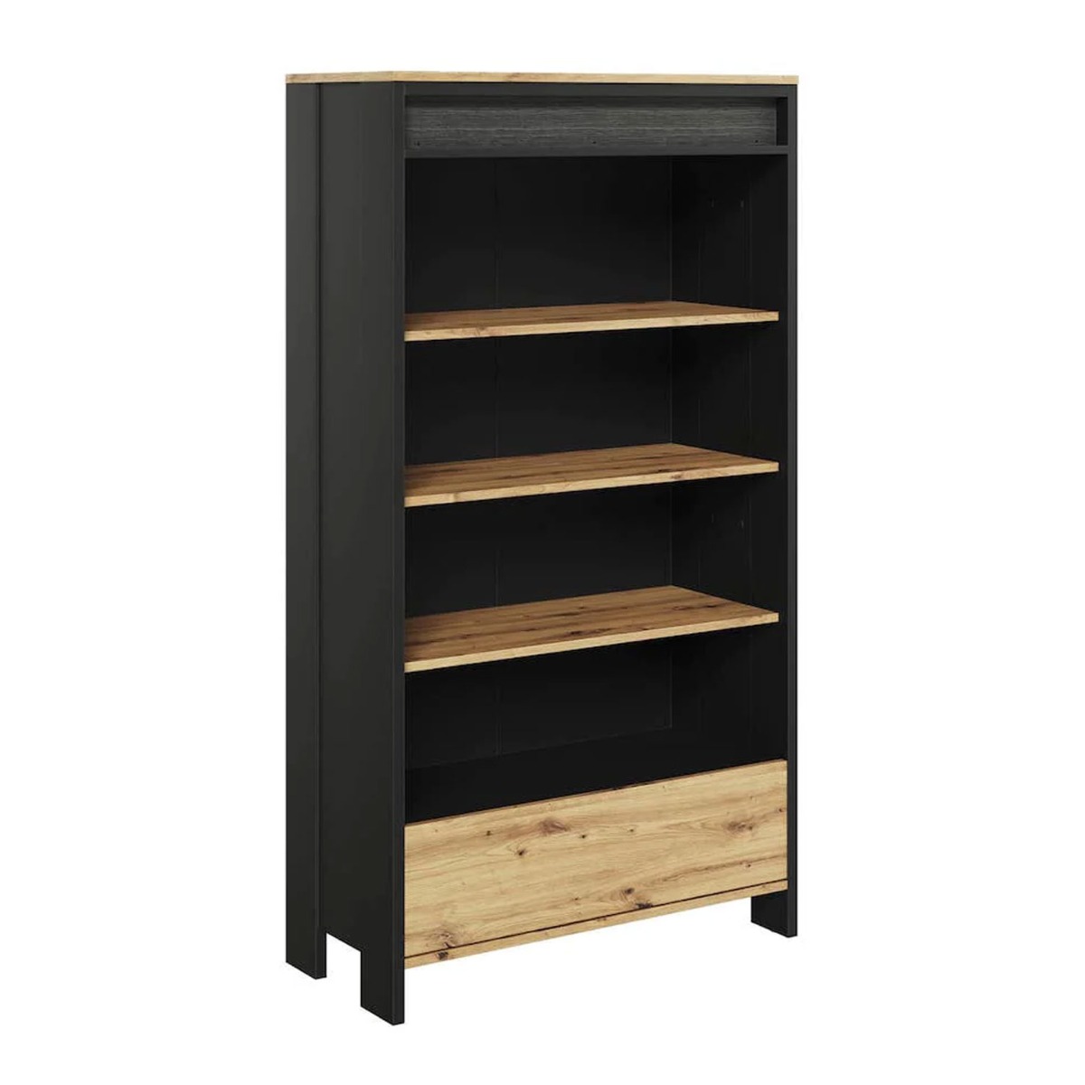Naxon Wing Bookcase with Drawer - Oak and Black