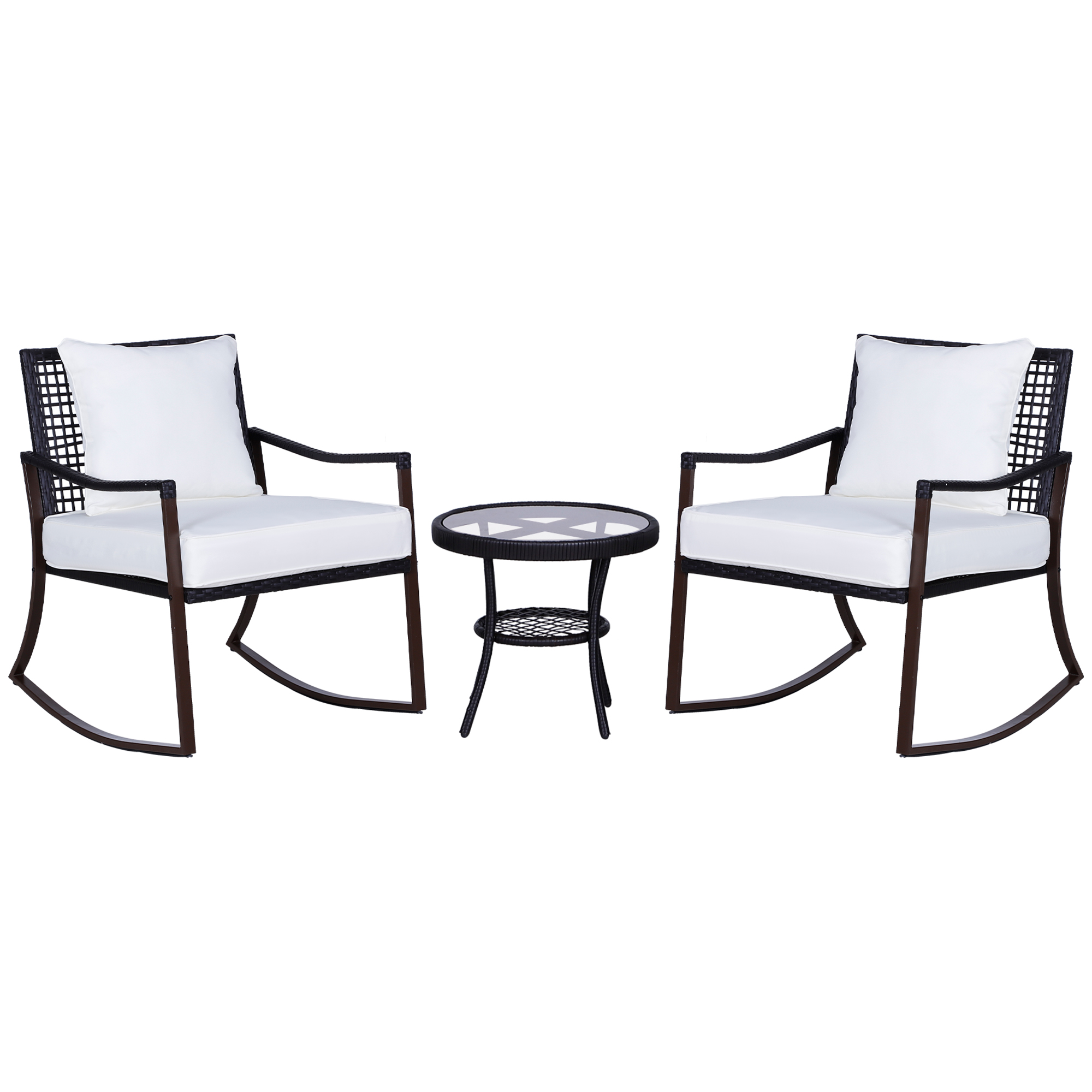2 Seater Rattan Bistro Set 2 Rocking Armchair with Pillow Cushion & Tempered Glass Round Coffee Table Wicker Weave Furniture, Brown