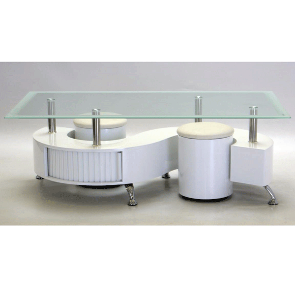 Helston luxurious White High Gloss Coffee Table with Set of 2 Stools and Glass Table Top