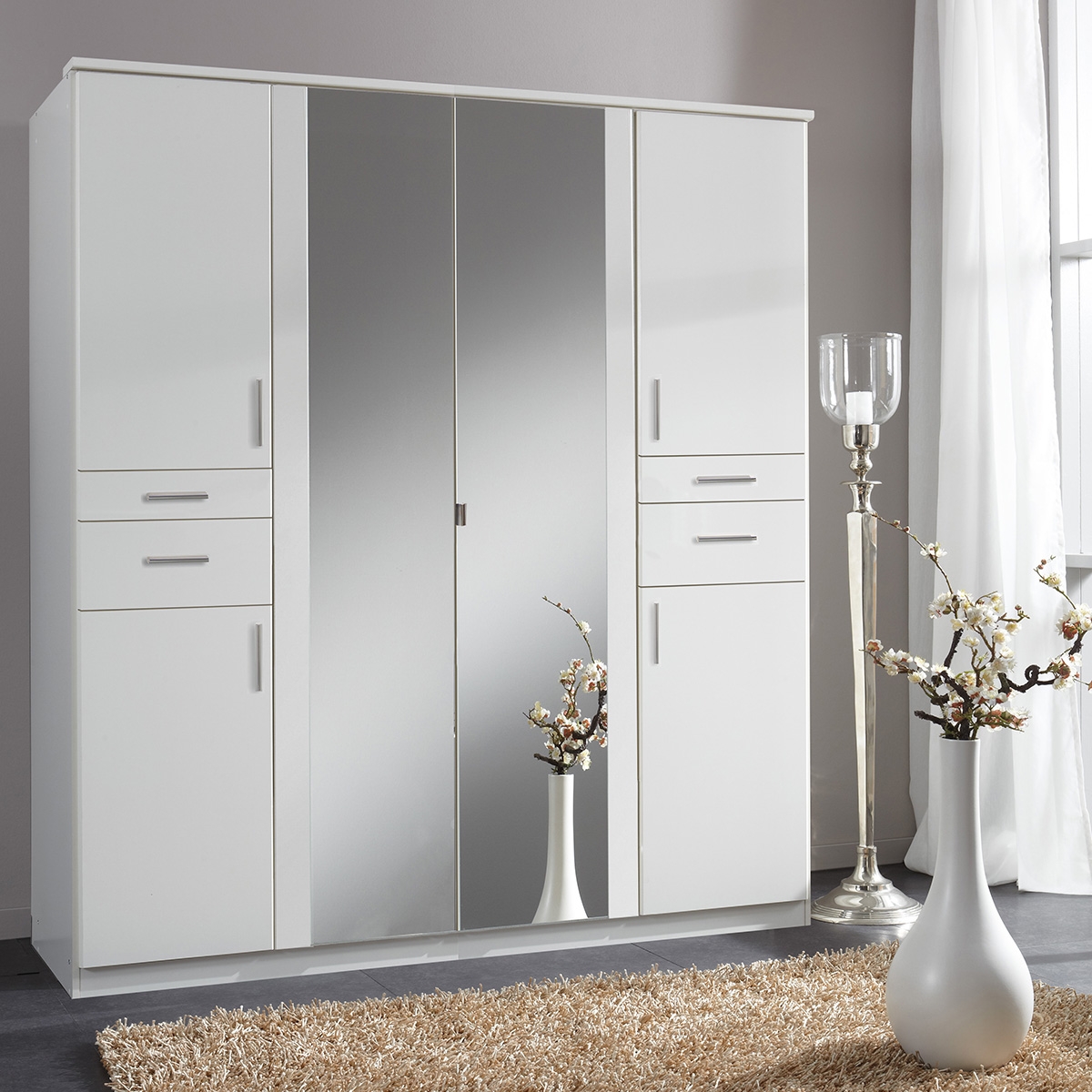 KODERA 6 Door Mirrored Wardrobe with 4 Drawers White - 180cm