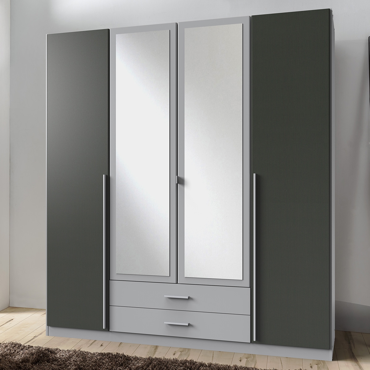 HUSAM 4 Door Mirrored Wardrobe with 2 Drawers Grey - 180cm