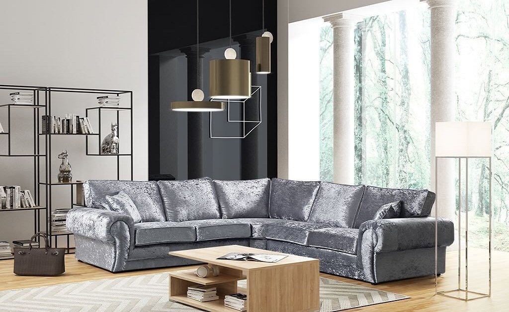 TRACY Crushed Velvet Large 5 Seater Corner Sofa - L Shaped - Silver