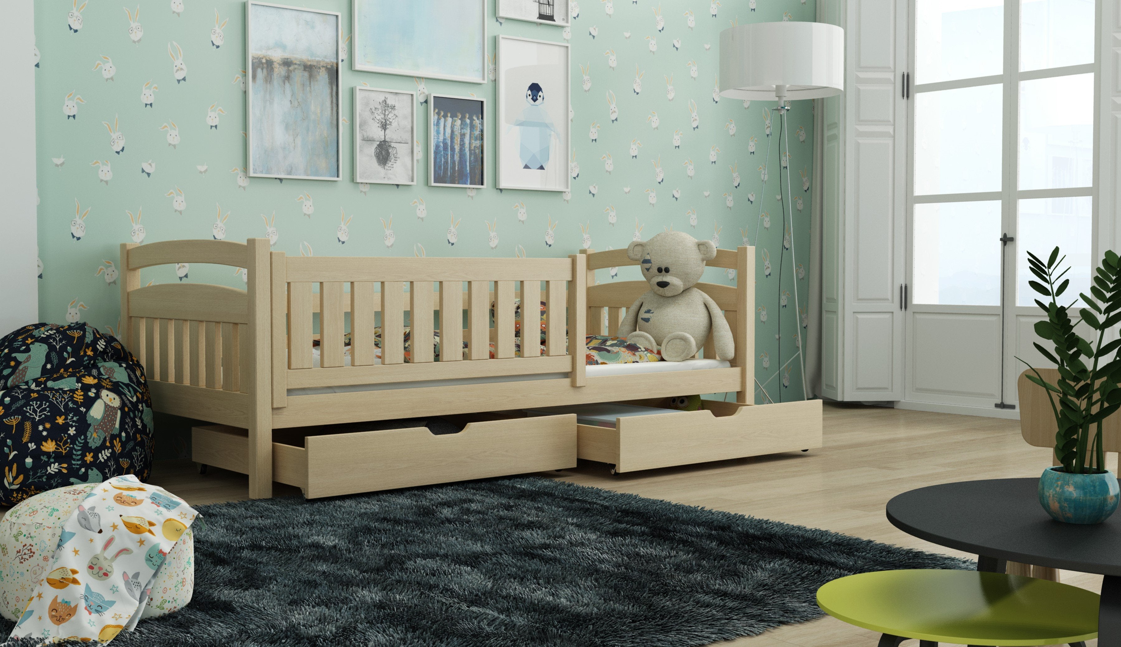 Terrance Wooden Bed with 2 Drawers Storage - Pine