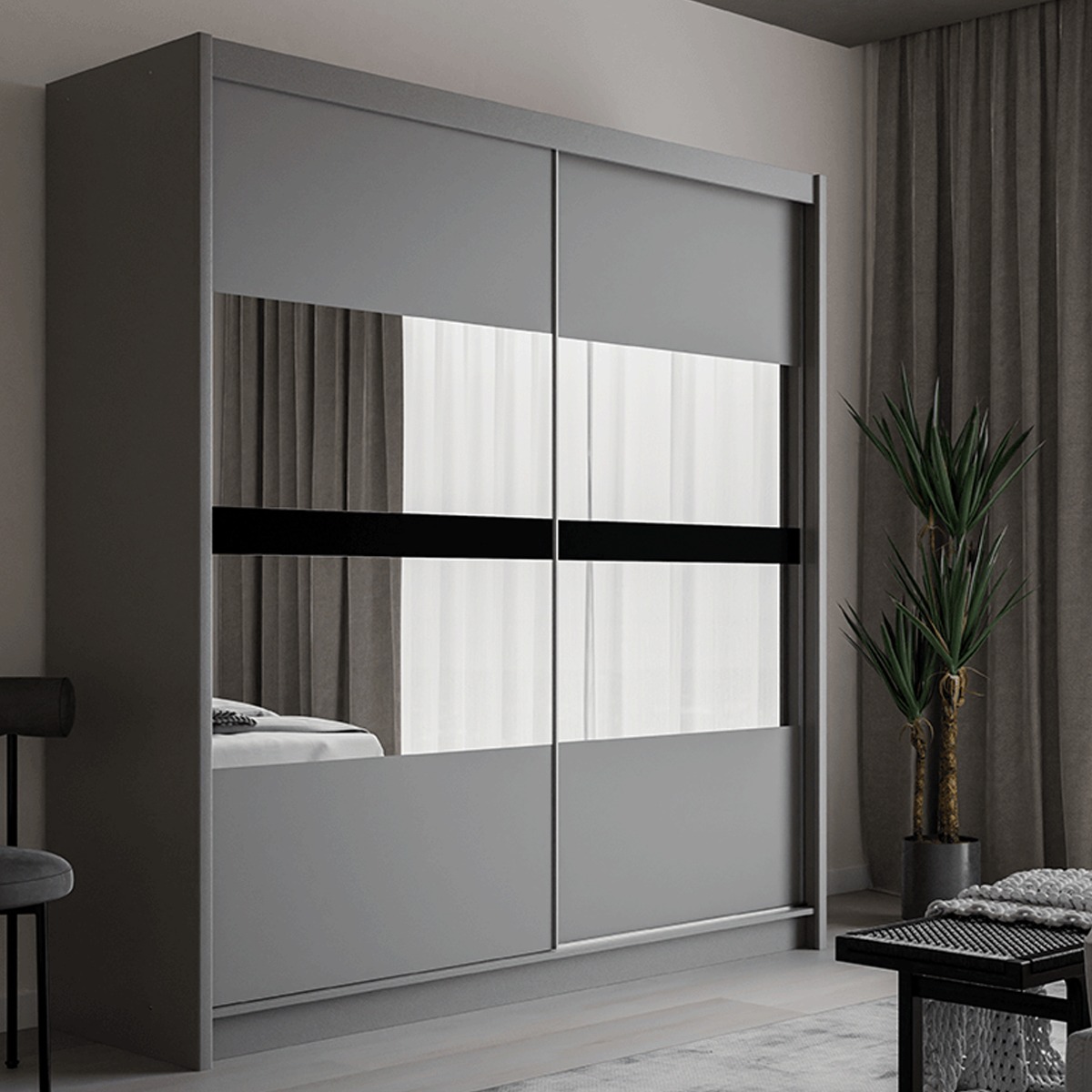 TRAFFORD 2 Door Mirrored Sliding Wardrobe Graphite - 203cm