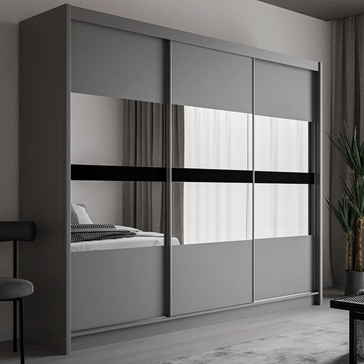 TRAFFORD 3 Door Mirrored Sliding Wardrobe with 2 Drawers Graphite - 250cm