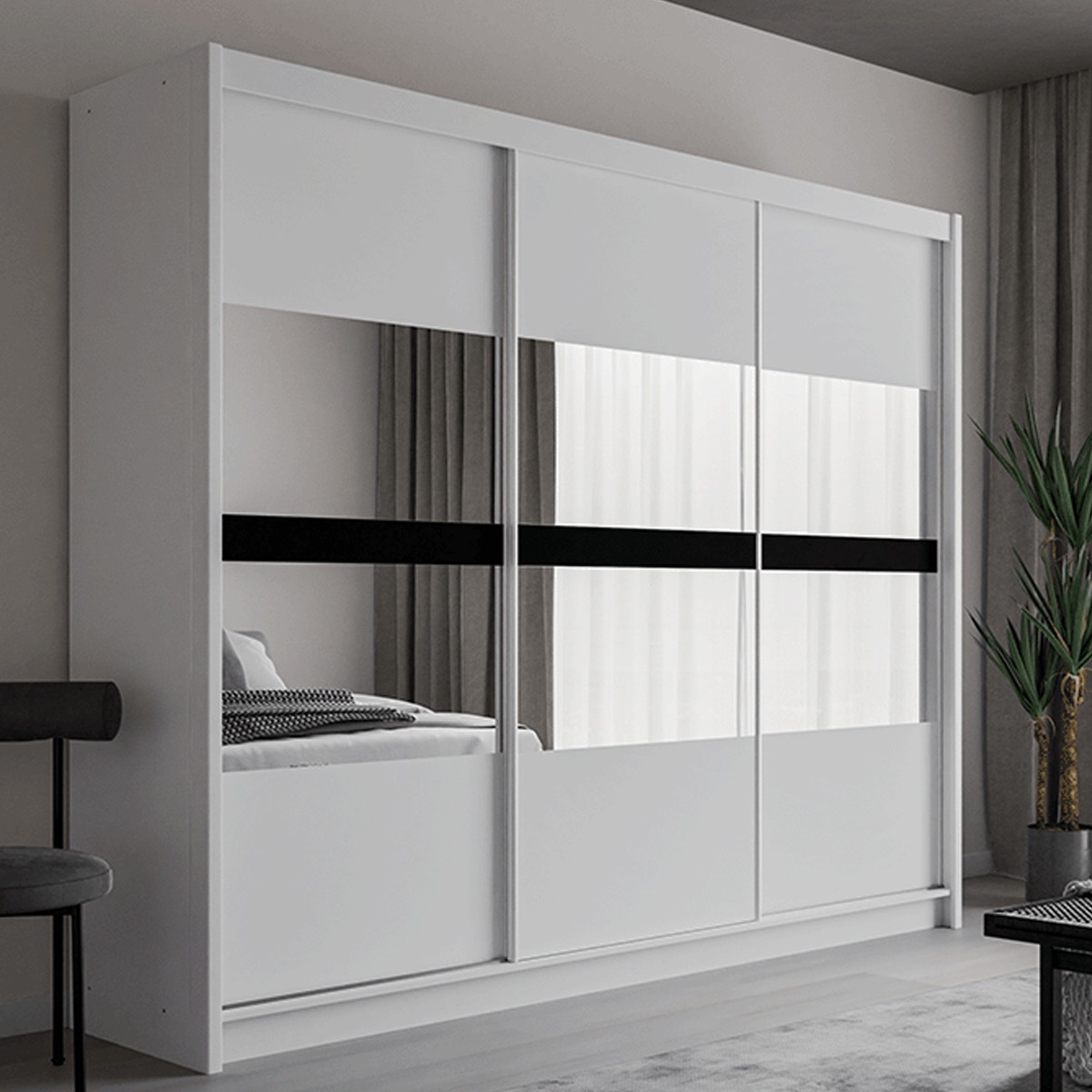TRAFFORD 3 Door Mirrored Sliding Wardrobe with 2 Drawers White - 250cm