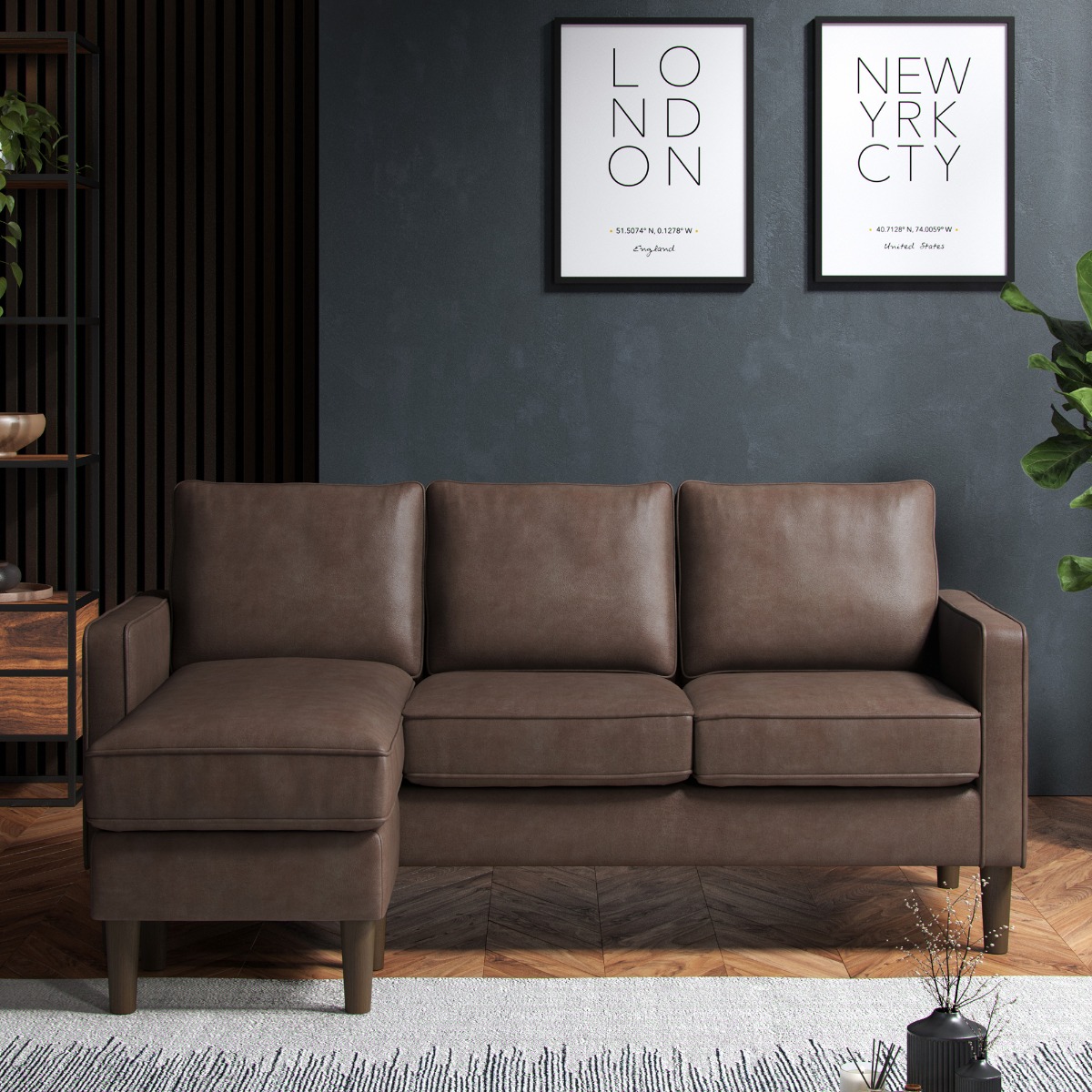 TREVANO Faux Leather 4 Seater Corner Sofa - L Shaped - Reversible Facing - Brown