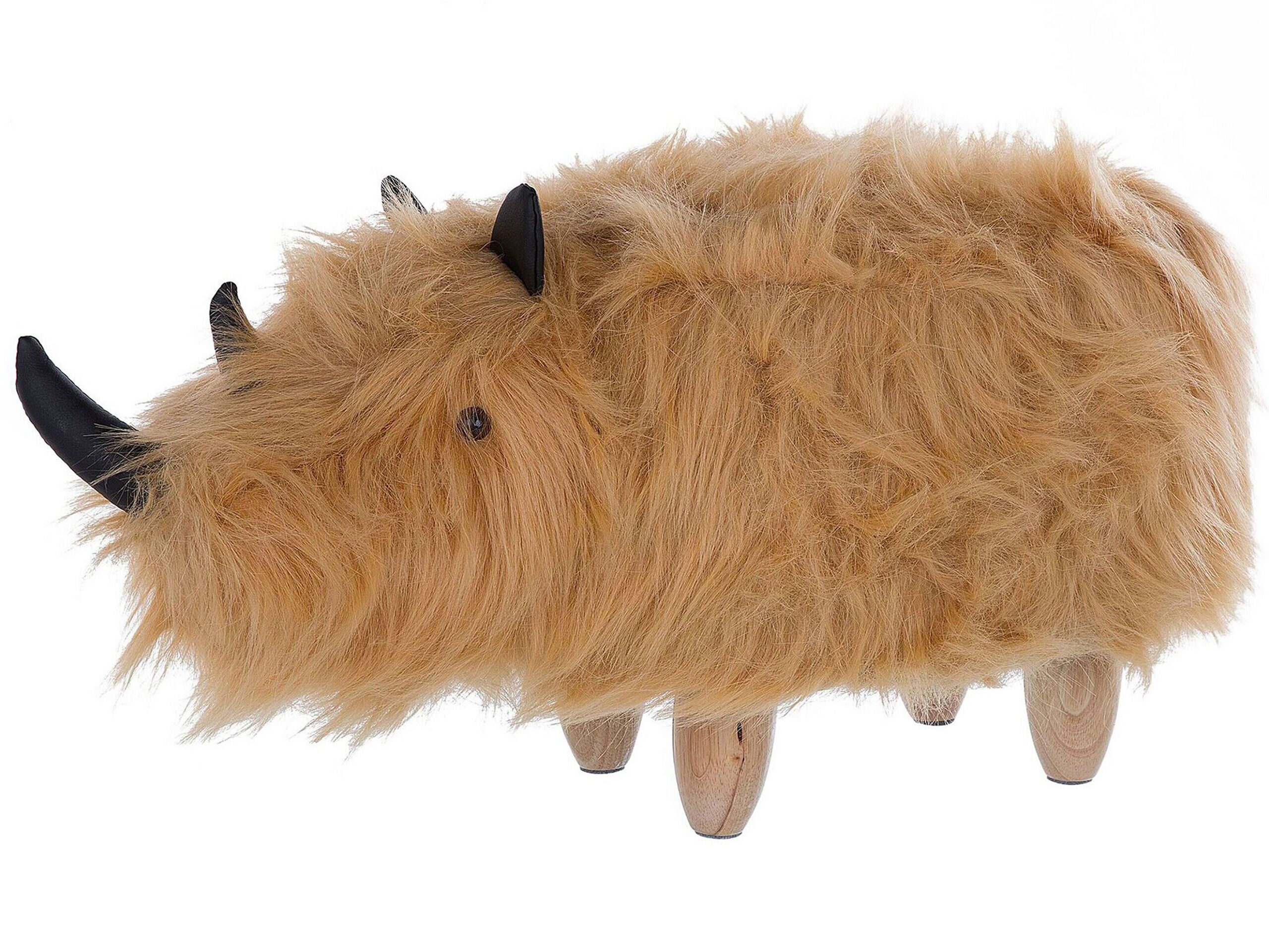 Animal Rhino Children Stool Sand Beige Faux Fur Upholstered Wooden Legs Nursery Footstool