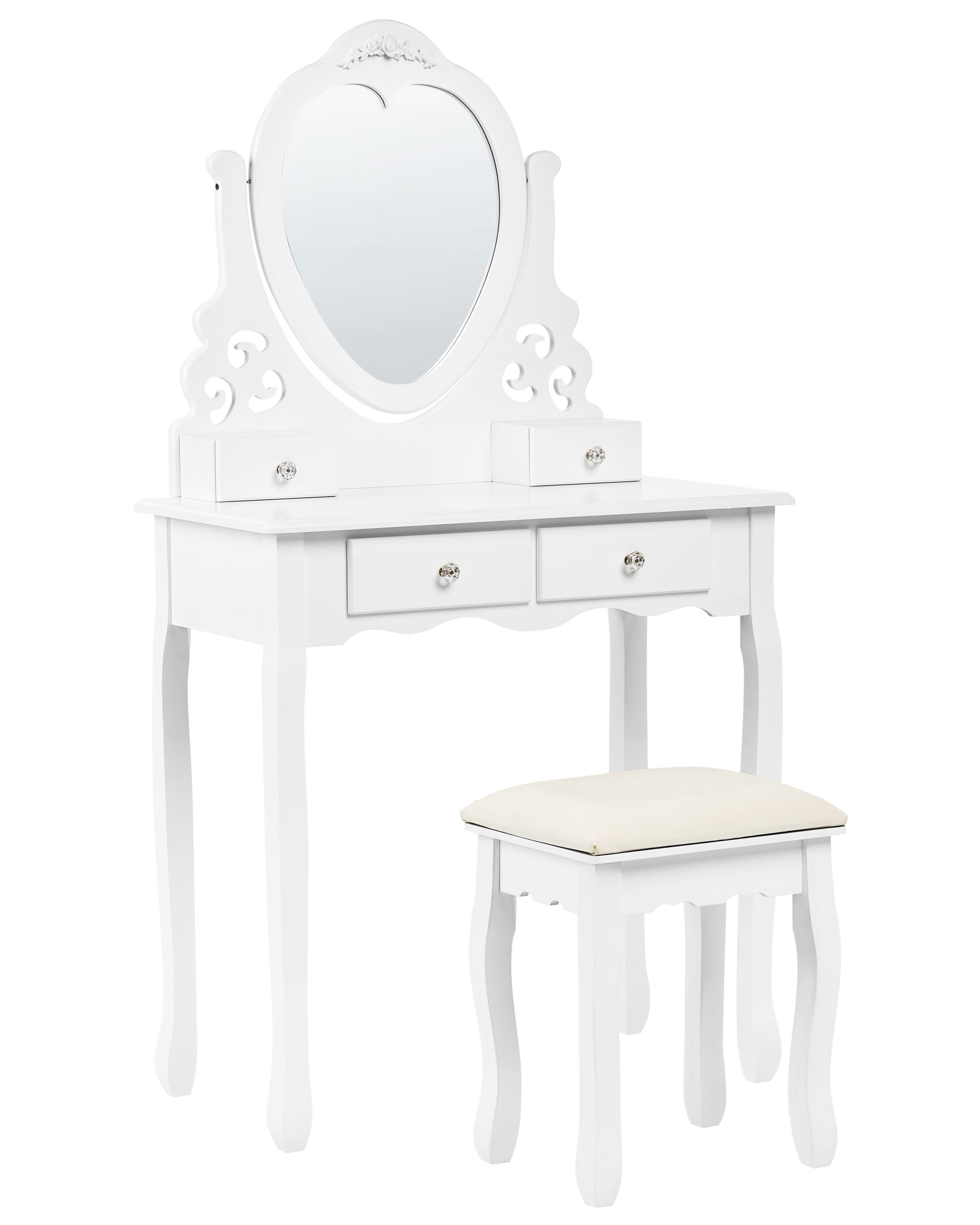 4 Drawer Dressing Table with Heart-Shaped Mirror and Stool White